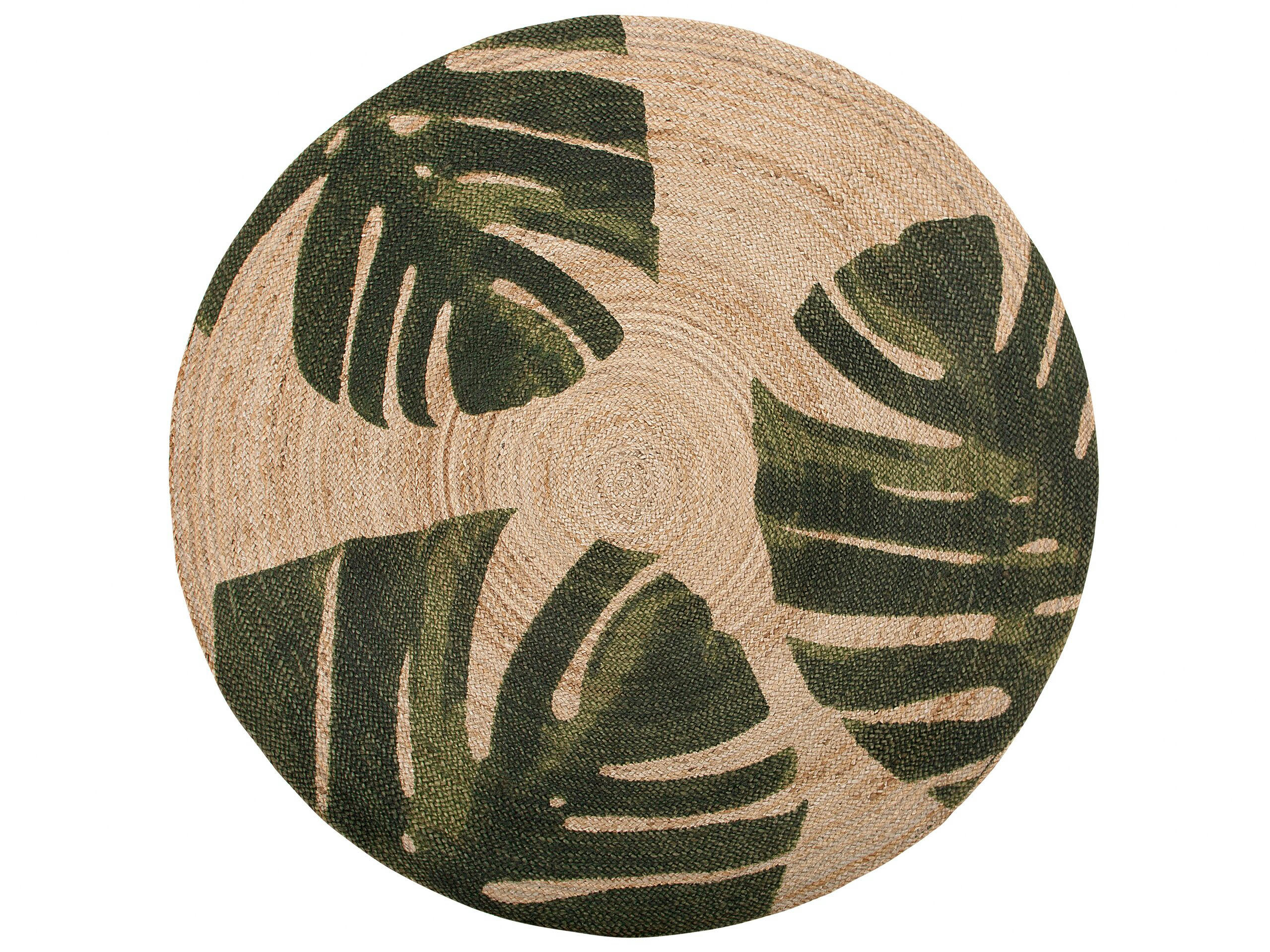 INCIK - Tapis rond à motif végétal beige et vert D140cm