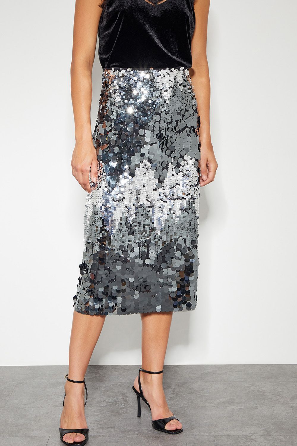 Monsoon Sia Sequin Midi Skirt Silver