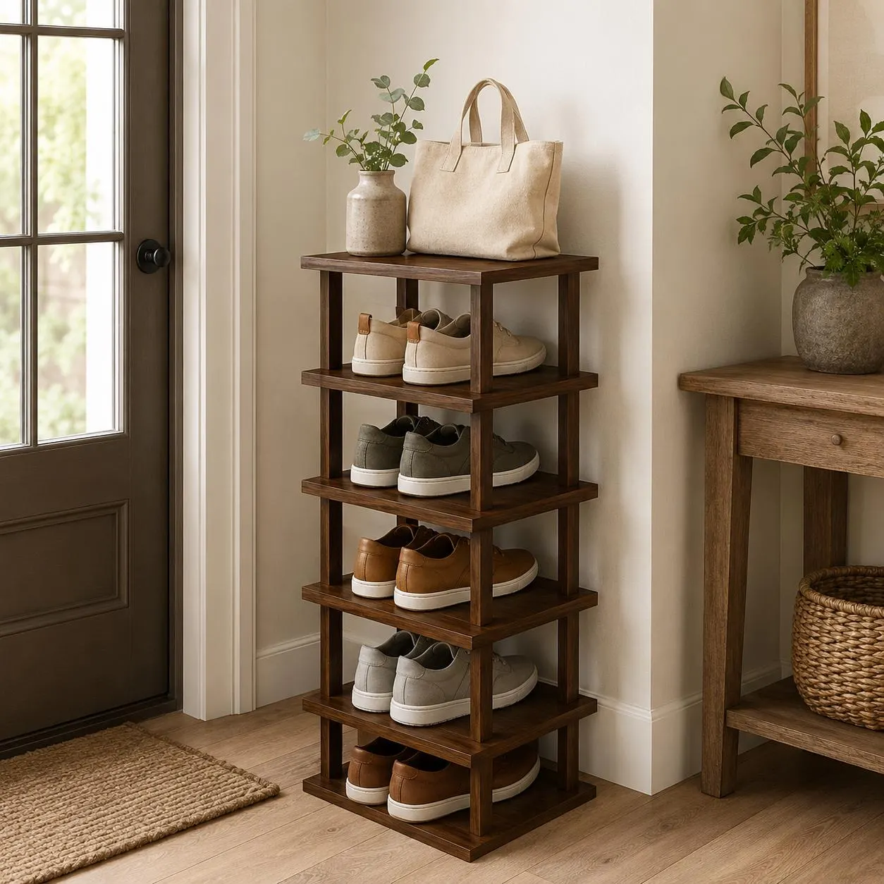 Vertical Bamboo Shoe Rack, 5 7 12 17 Tier Narrow Shoe Organizer for Small Spaces, Entryway Closet Corner, Stackable Storage Shelf