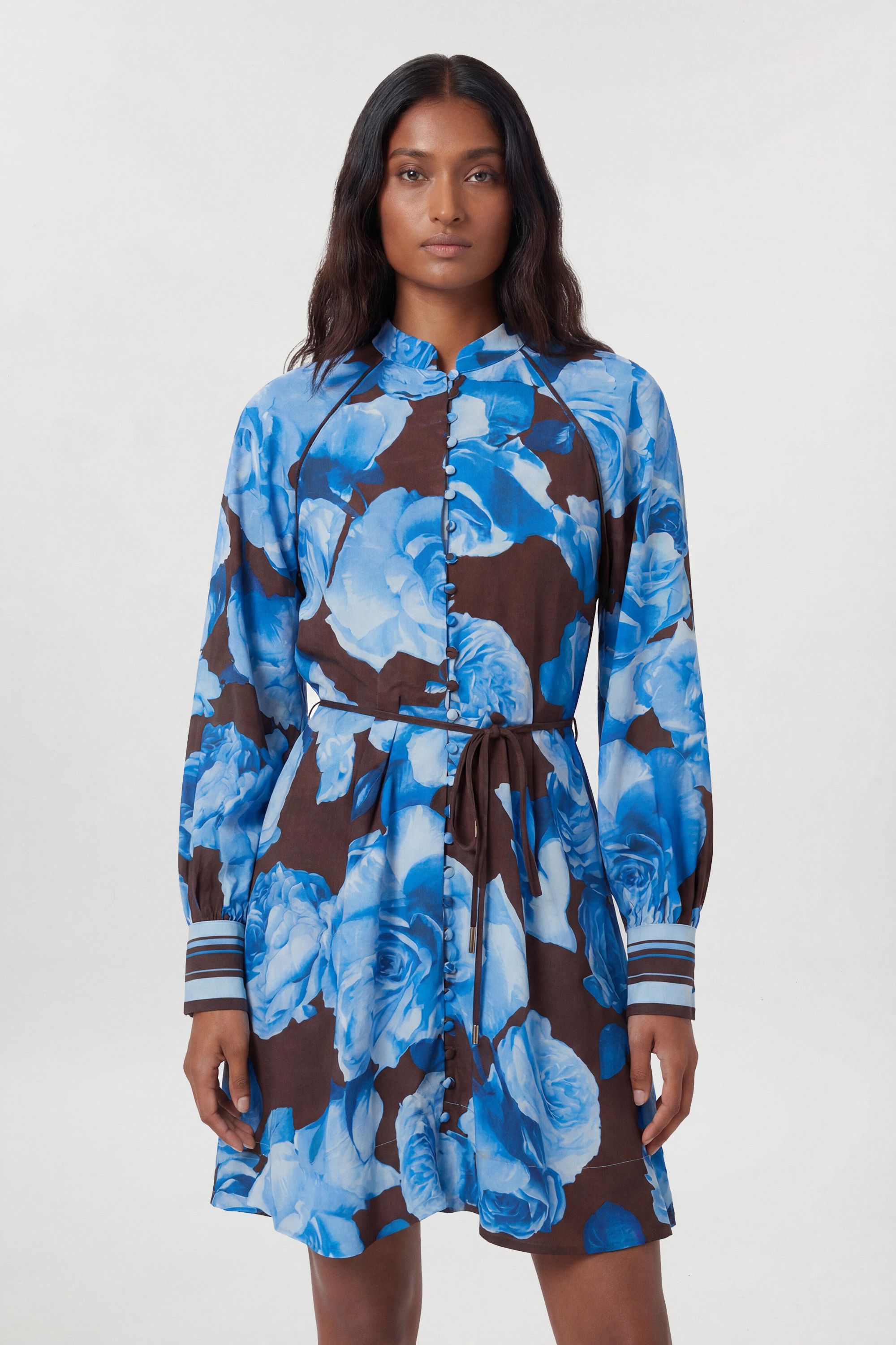 KarenMillen Viscose Woven Stripe Contrast Blue Floral Mini Dress