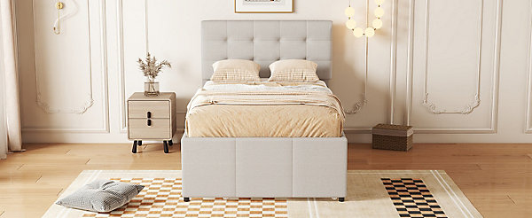 Lit Polster 90x200cm, Lit Familial, Tiroirs, Lit Escamotable, Tête Réglable, Beige