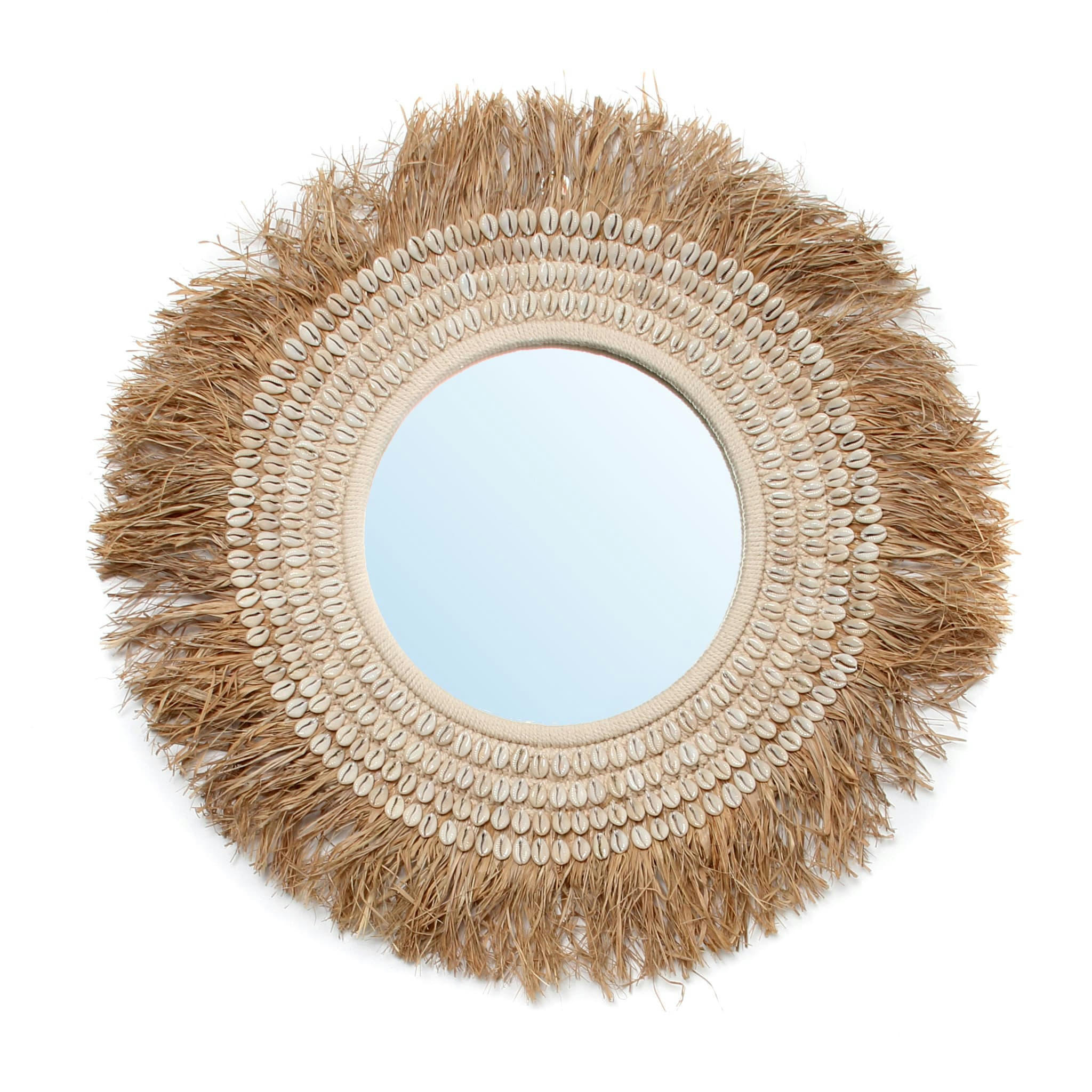 RAFFIA COWRIE - Miroir en raphia et coquillages naturel blanc D75