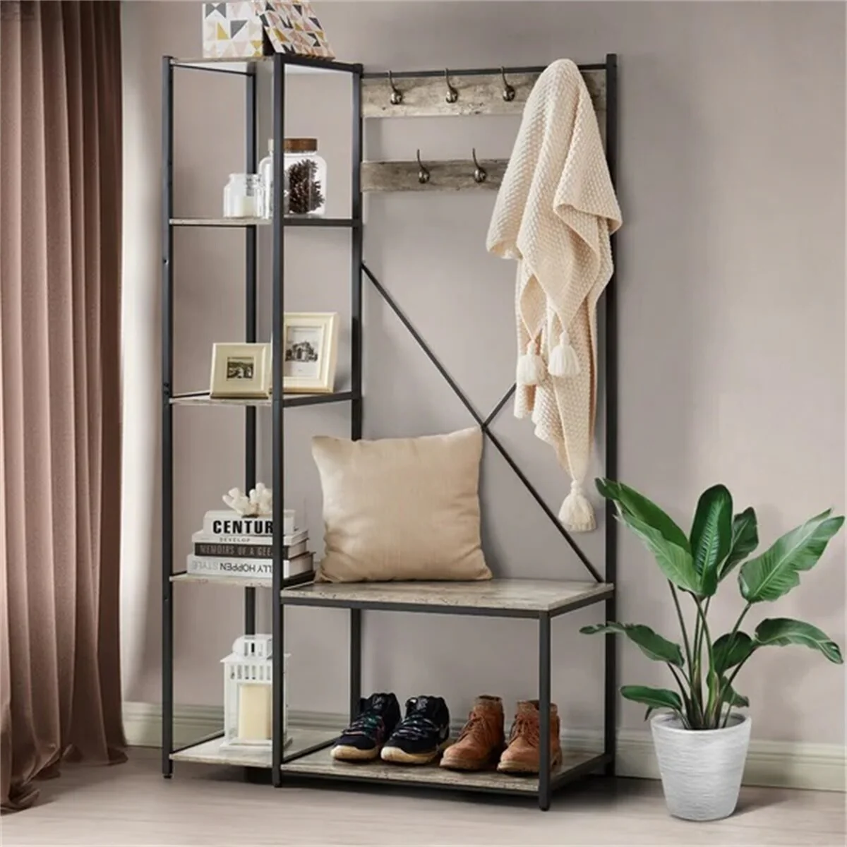 Entryway Hall Tree W/ 4-tier Side Shelf and Double-headed Coat Hooks