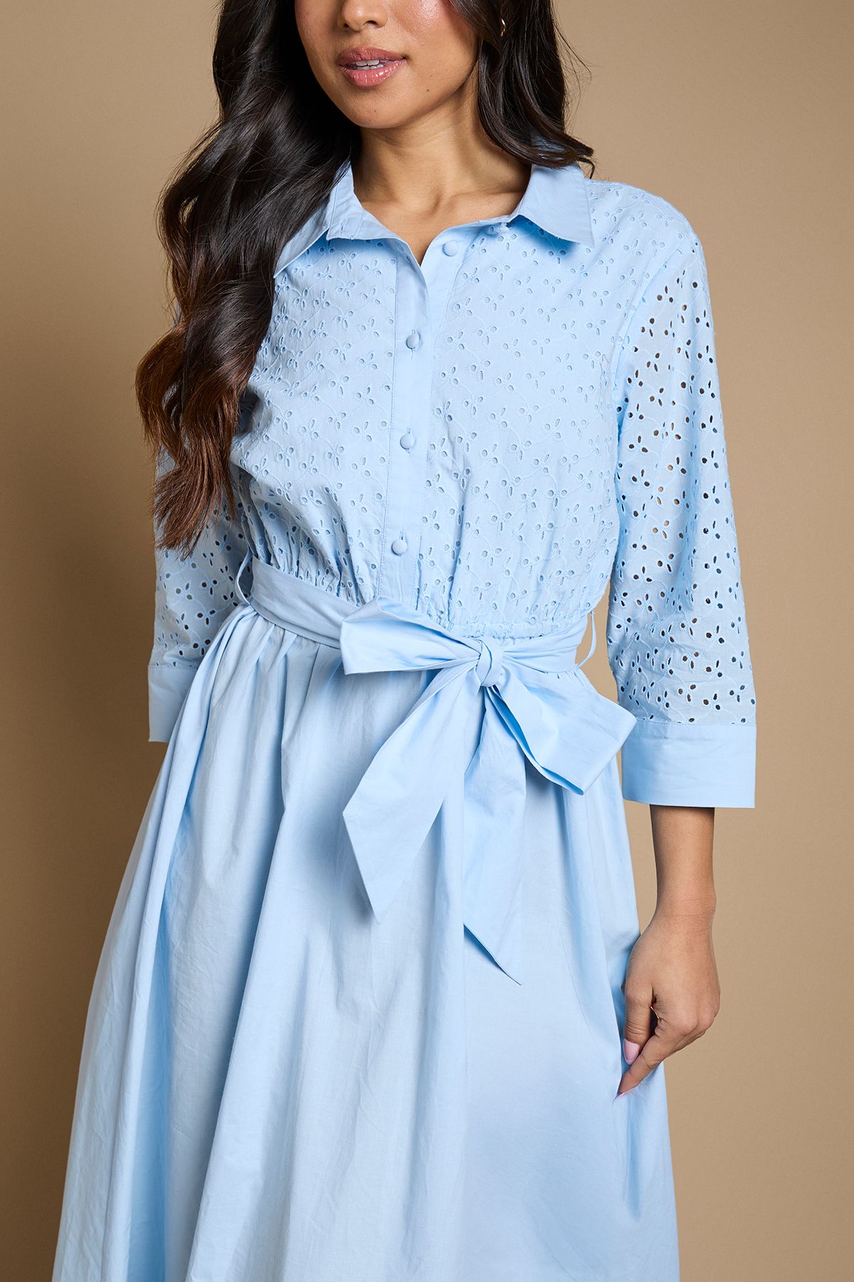 Dorothy Perkins Petite Contrast Broderie Belted Shirt Midi Dress