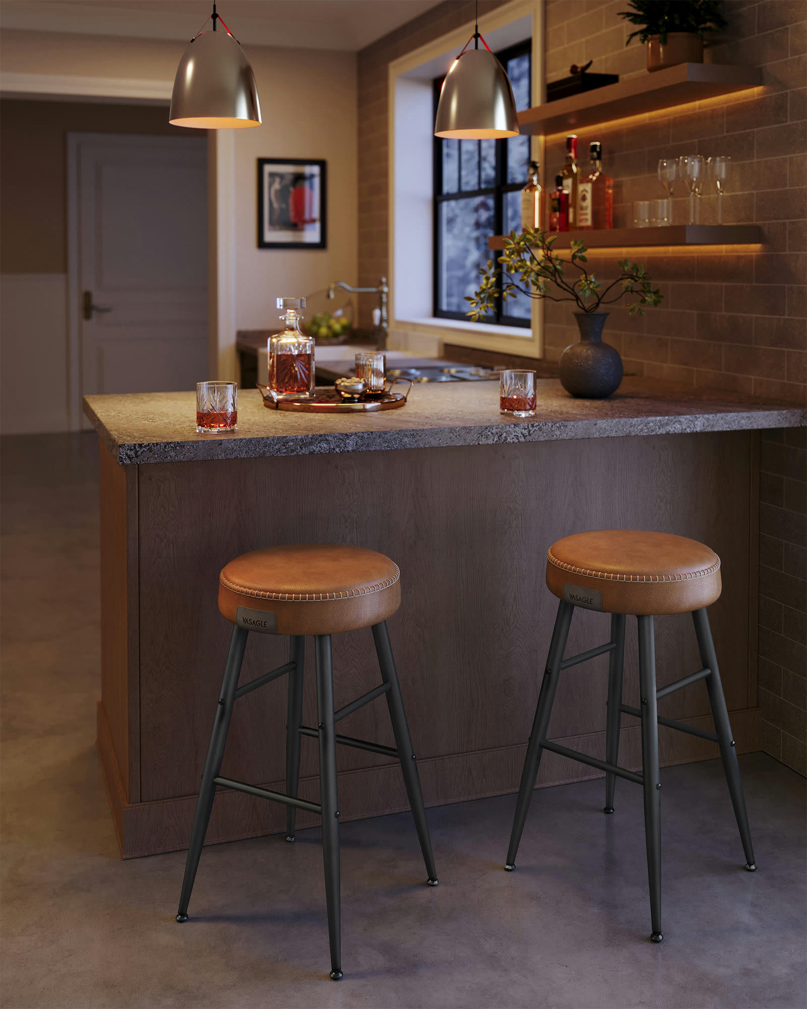 - Tabourets de bar en acier et PU avec coutures marron caramel