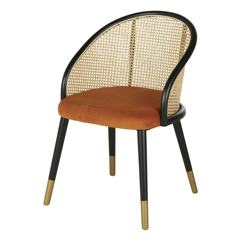 Sockette - Fauteuil de table en velours marron écureuil cannage en rotin