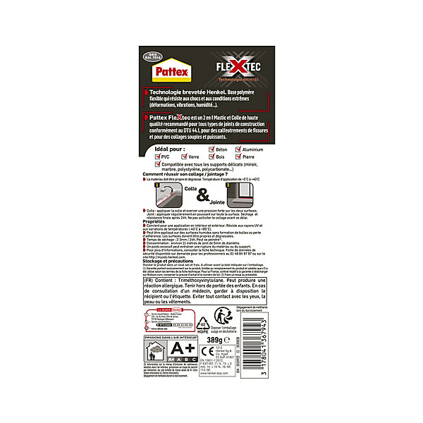 Mastic et colle joint int/ext pattex flextec gris 7016 389G