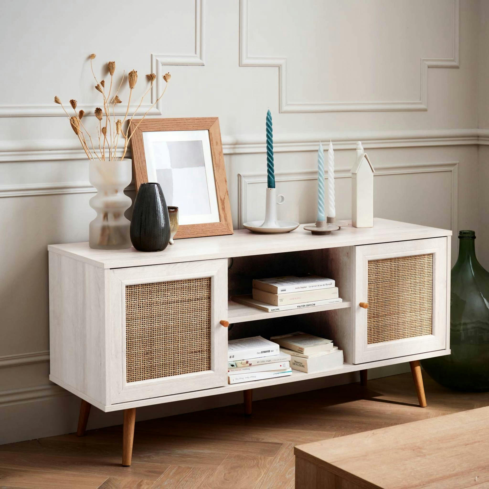 BOHÈME - Meuble tv en cannage 120x39x56.5cm blanc