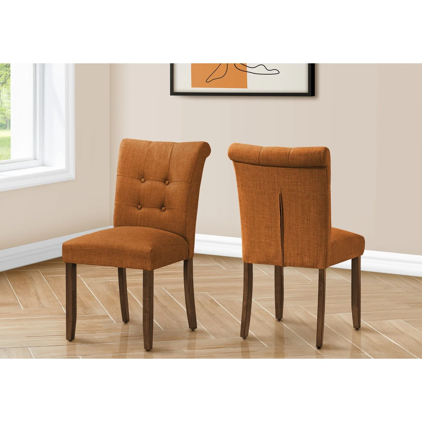 Set of 2 Modern Dining Chairs, Upholstered Fabric with Walnut Wood Legs, 38 Height for Dining Room or Kitchen