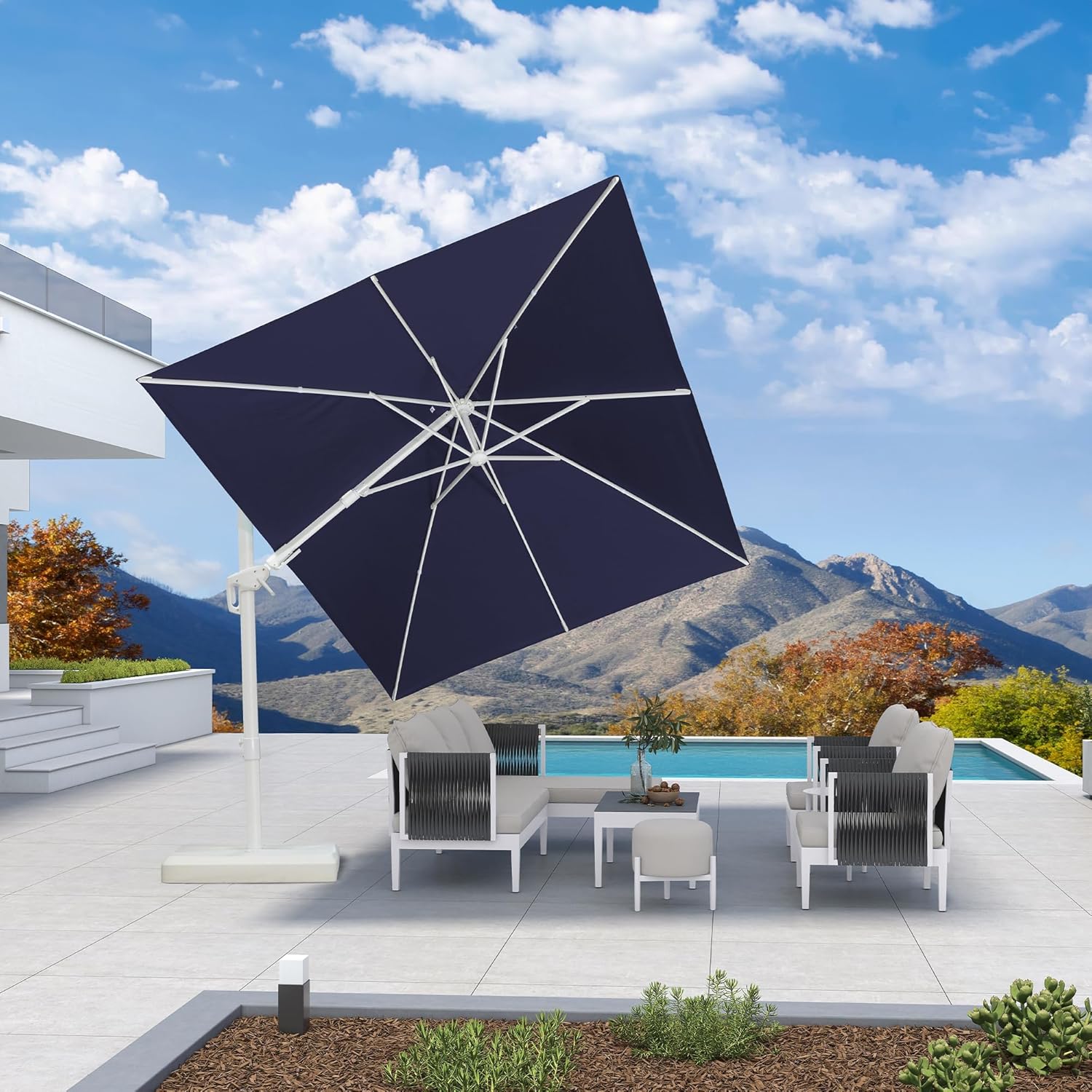 PURPLE LEAF 10 FT Right-left Tilt White Cantilever Umbrella with Base Patio Outdoor Swivel Umbrellas with Aluminum Tilt Offset Umbrella with 360° Rotation for Deck Pool, Navy Blue