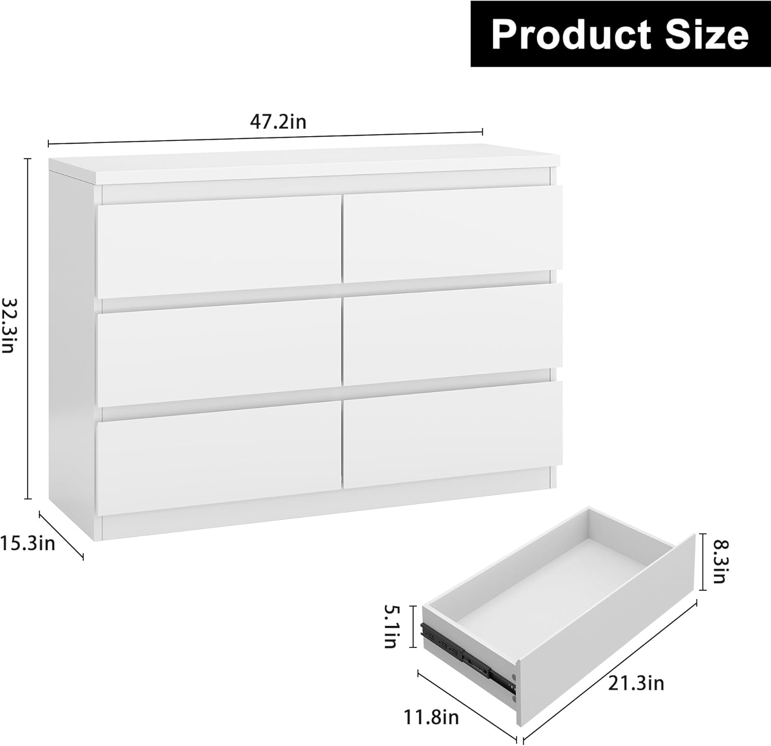 Jocoevol White 6 Drawer Dresser for Bedroom, 15.3 D x 47.2 W x 32.3 H in Simply Modern Chest of Drawers, Wood Storage Double Dresser with Deep Drawers for Living Room, Hallway Entryway, White