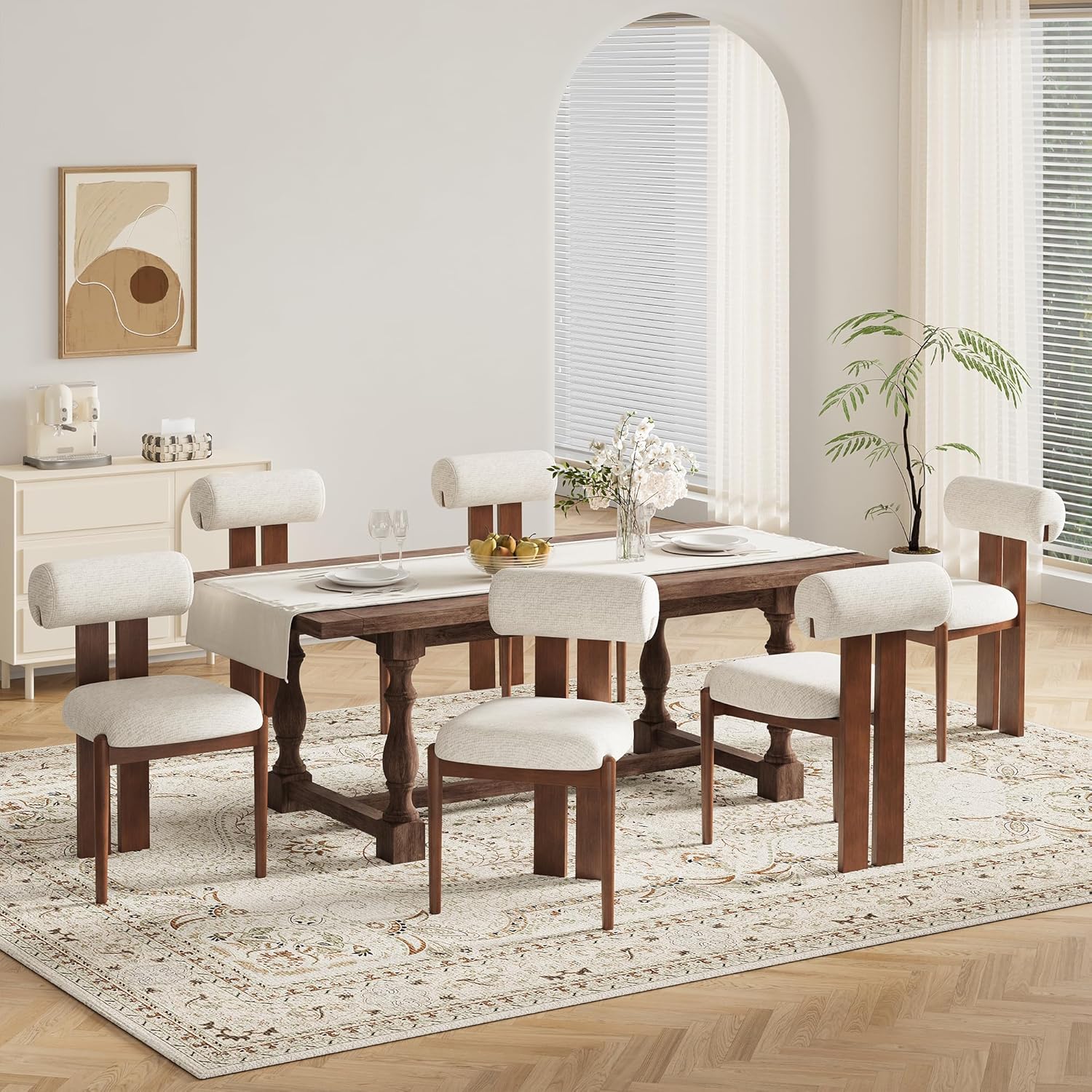 MALOL Modern Wooden Dining Chairs Set of 6, Upholstered Fabric Kitchen Chairs with Sculptural Backrest, Mid-Century Farmhouse Dining Room Chairs with Solid Wood Legs, Beige