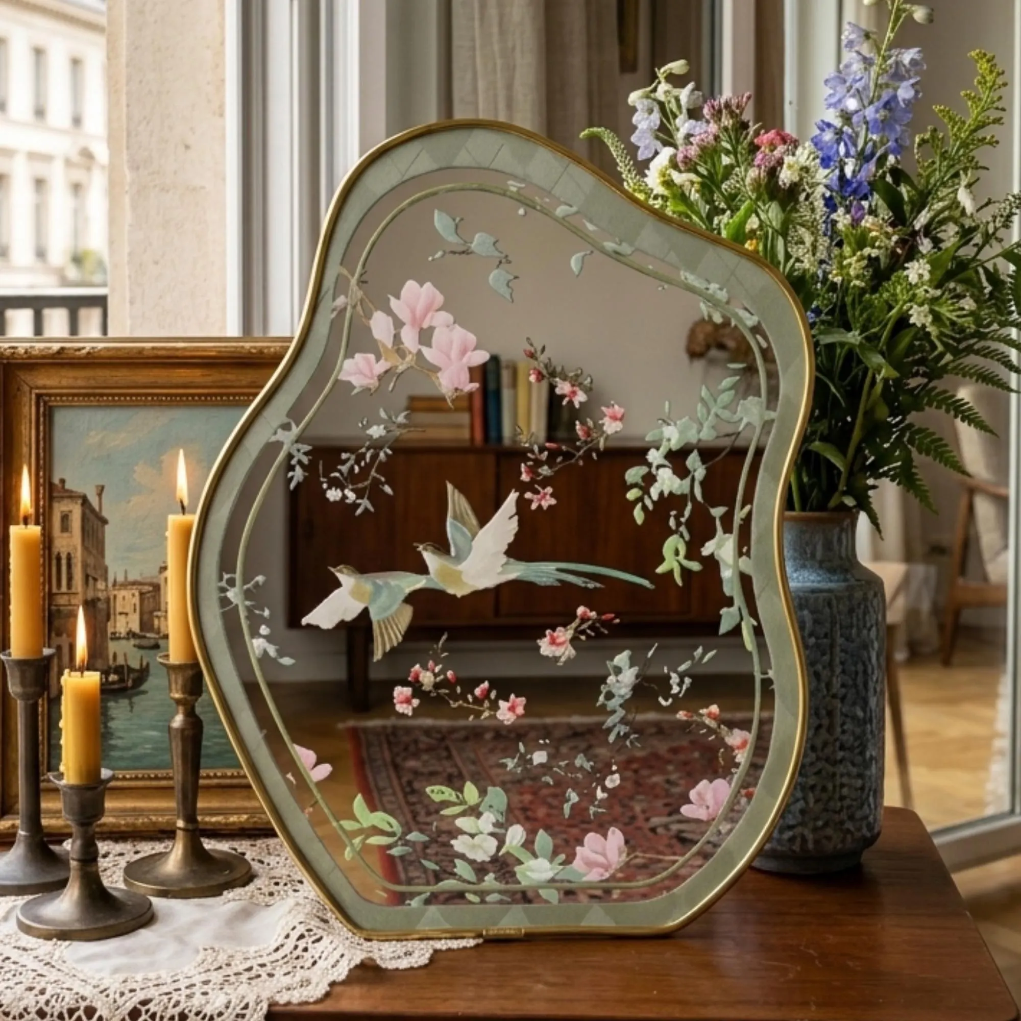 Floral Vintage Style Mirror, Botanical Gold Vanity Mirror, Wavy Aesthetic Desk Decor, Romantic Garden Wall Mirror, Ornate Bird Accent Mirror