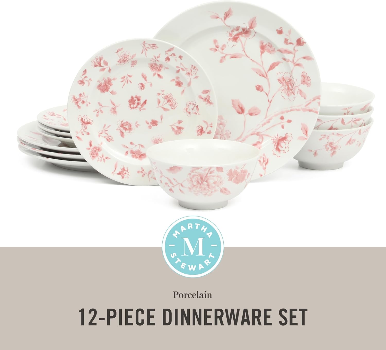 Martha Stewart Empress Bouquet 12-Piece Decorated Porcelain Chip and Scratch Resistant Dinnerware Plates and Bowls Set - Pink Floral