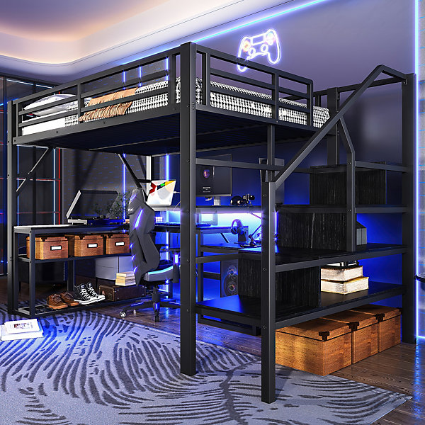 Lit Mezzanine Ado 140x200 cm Avec Bureau, LED, Escalier de Rangement et Garde-Corps, Ports USB, Sans Matelas, Métal   MDF, Noir