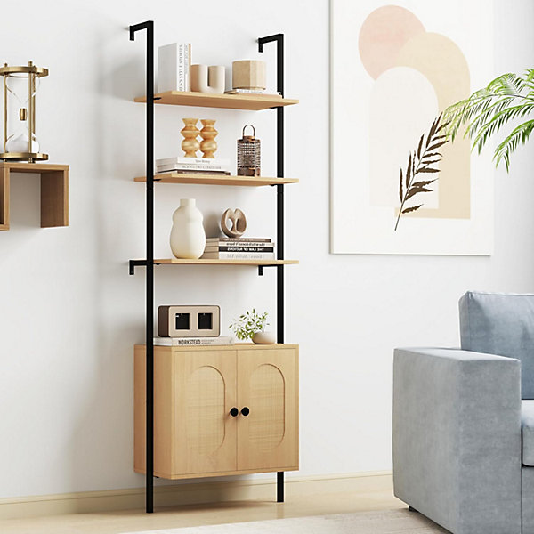 Bibliotheque avec 4 Niveaux d'étagères Ouvertes en Bois,avec Cadre Métallique et Armoire 2 Niveaux, pour Salon, Chambre, Cuisine