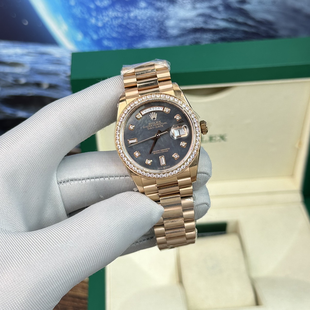 Rolex Day-Date RG Plated Dark MOP Dial CZ Diamonds 40mm BPF Replica