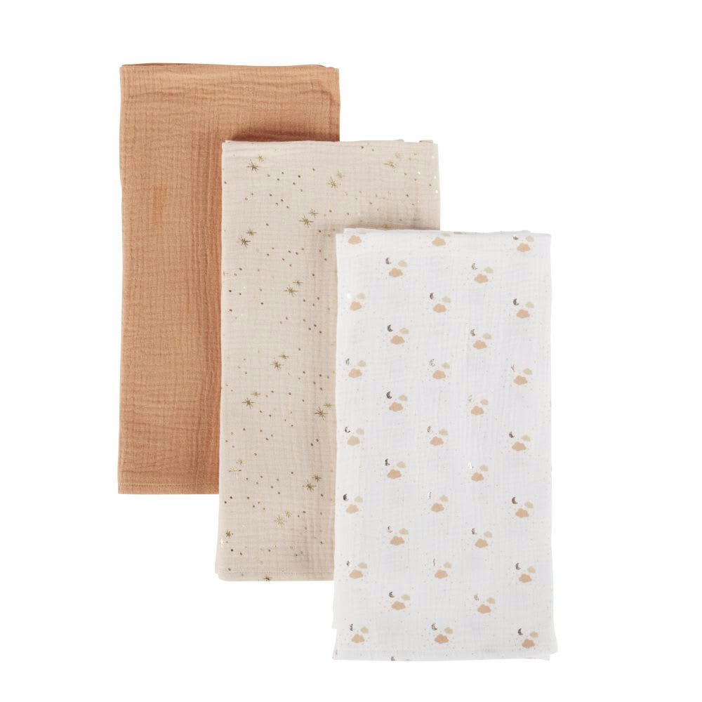 OIA - Langes bébé en gaze de coton biologique blanc imprimé, beige rosé et terracotta (x3)