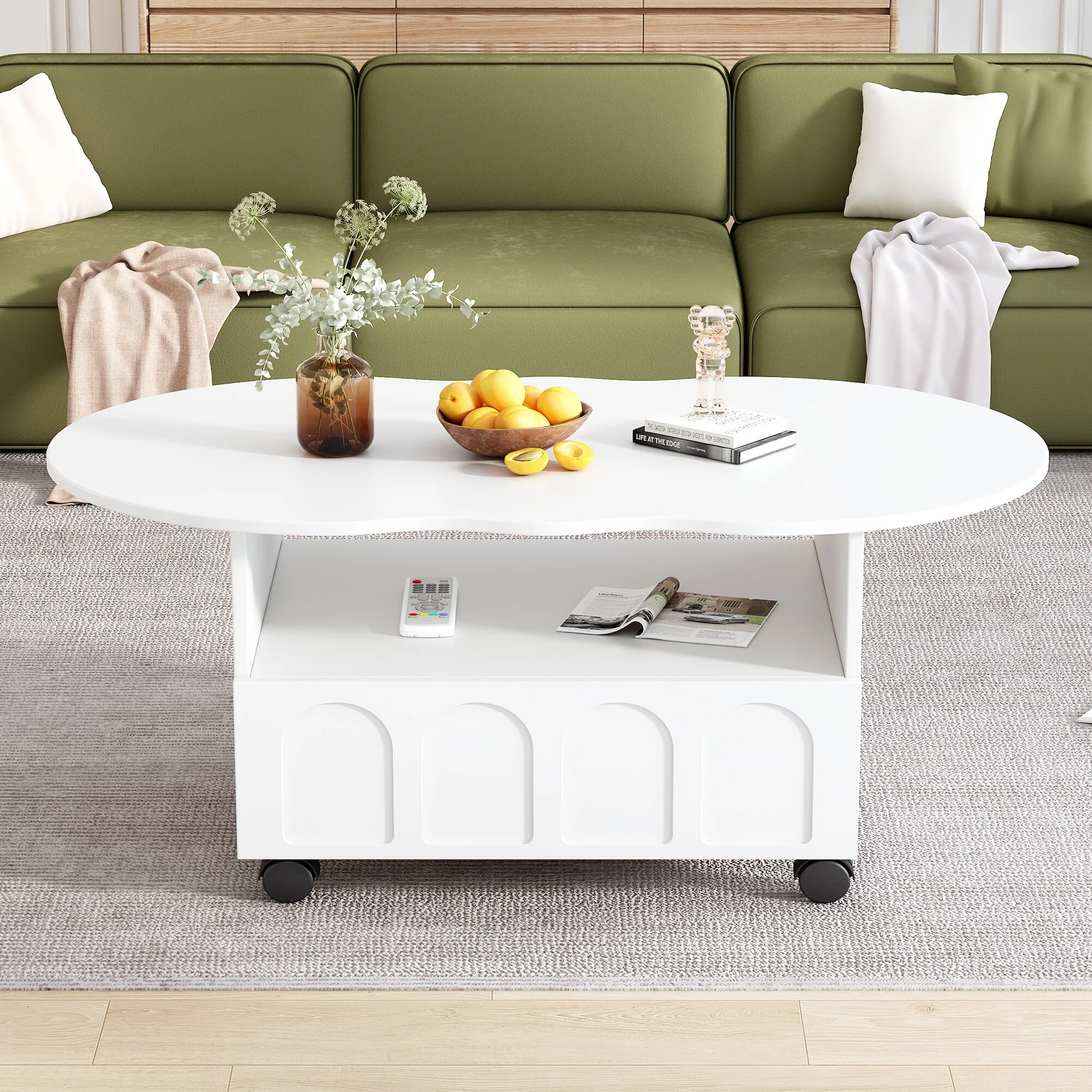 Coffee Table for Living Room, Flexible Coffee Table with Cloud Top, 2 Brake Wheels, Irregular Center Table with Drawer
