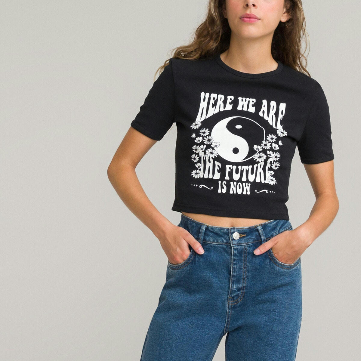 T-shirt cropped imprimé, esprit 70's