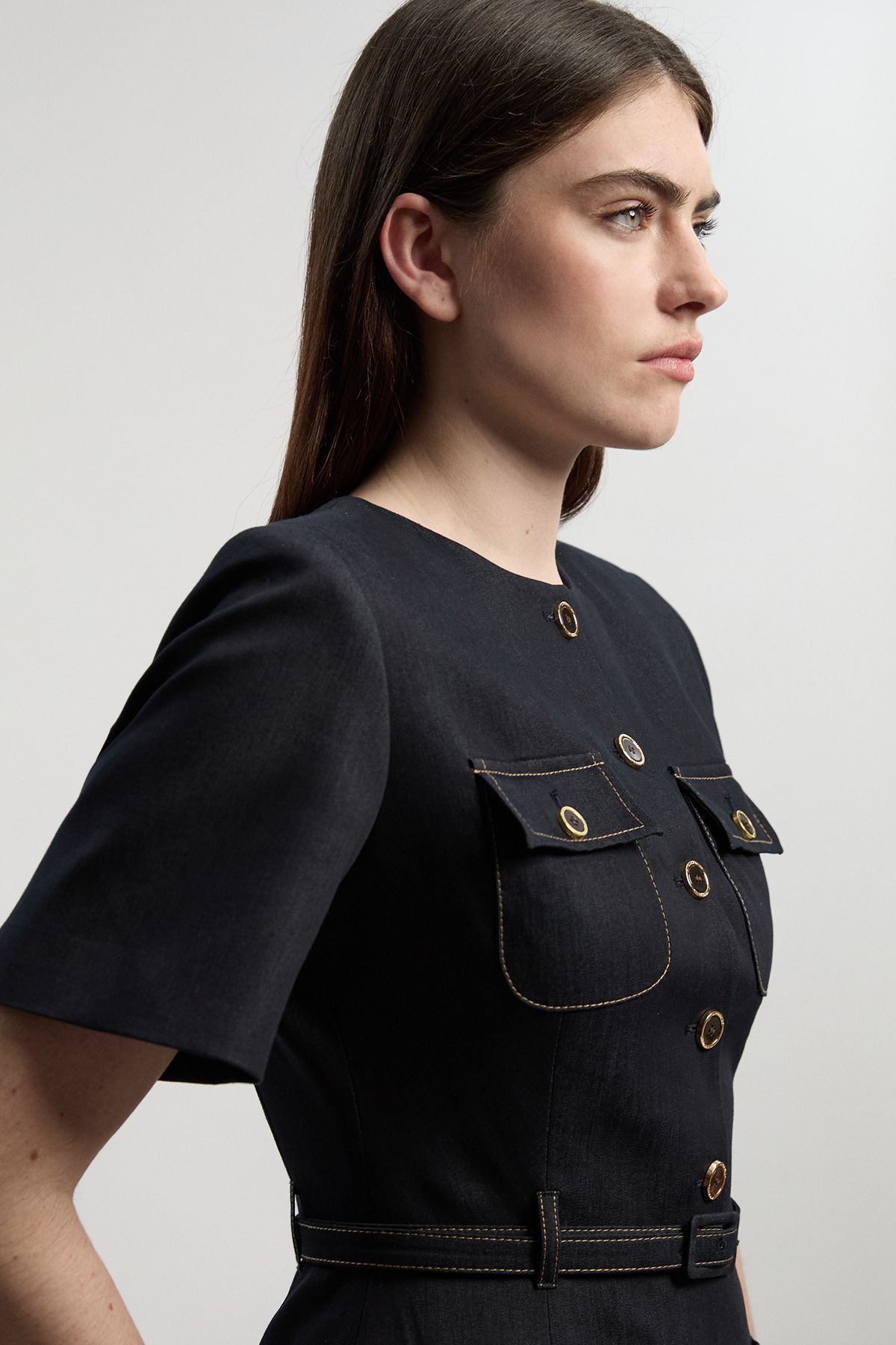 KarenMillen Tailored Denim Belted Midi Dress