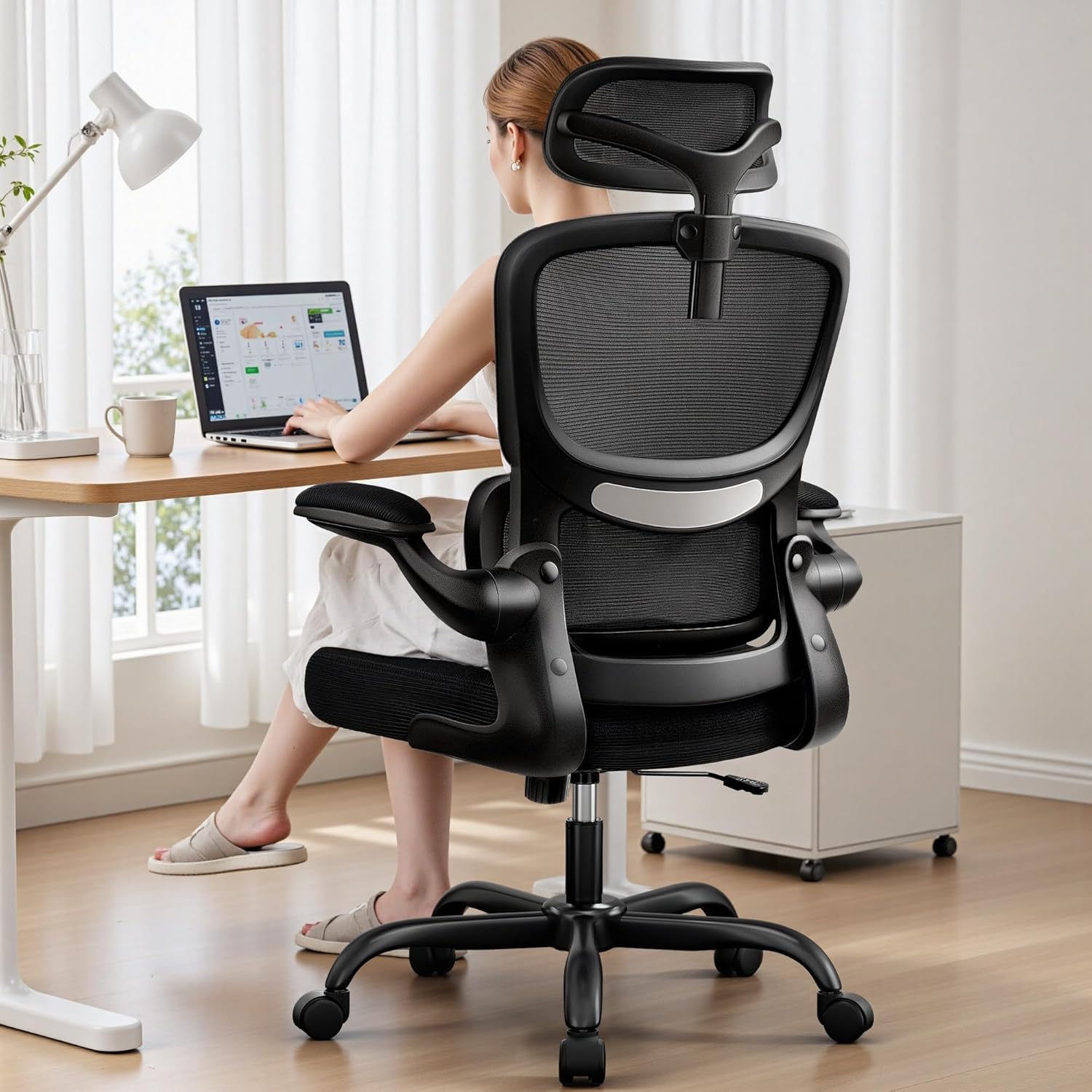BESTFAIR High Back Ergonomic Office Chair, Breathable Mesh Desk Chair with Lumbar Support, Adjustable Headrest, Flip-up Armrests, Computer Gaming Chair, (Black)