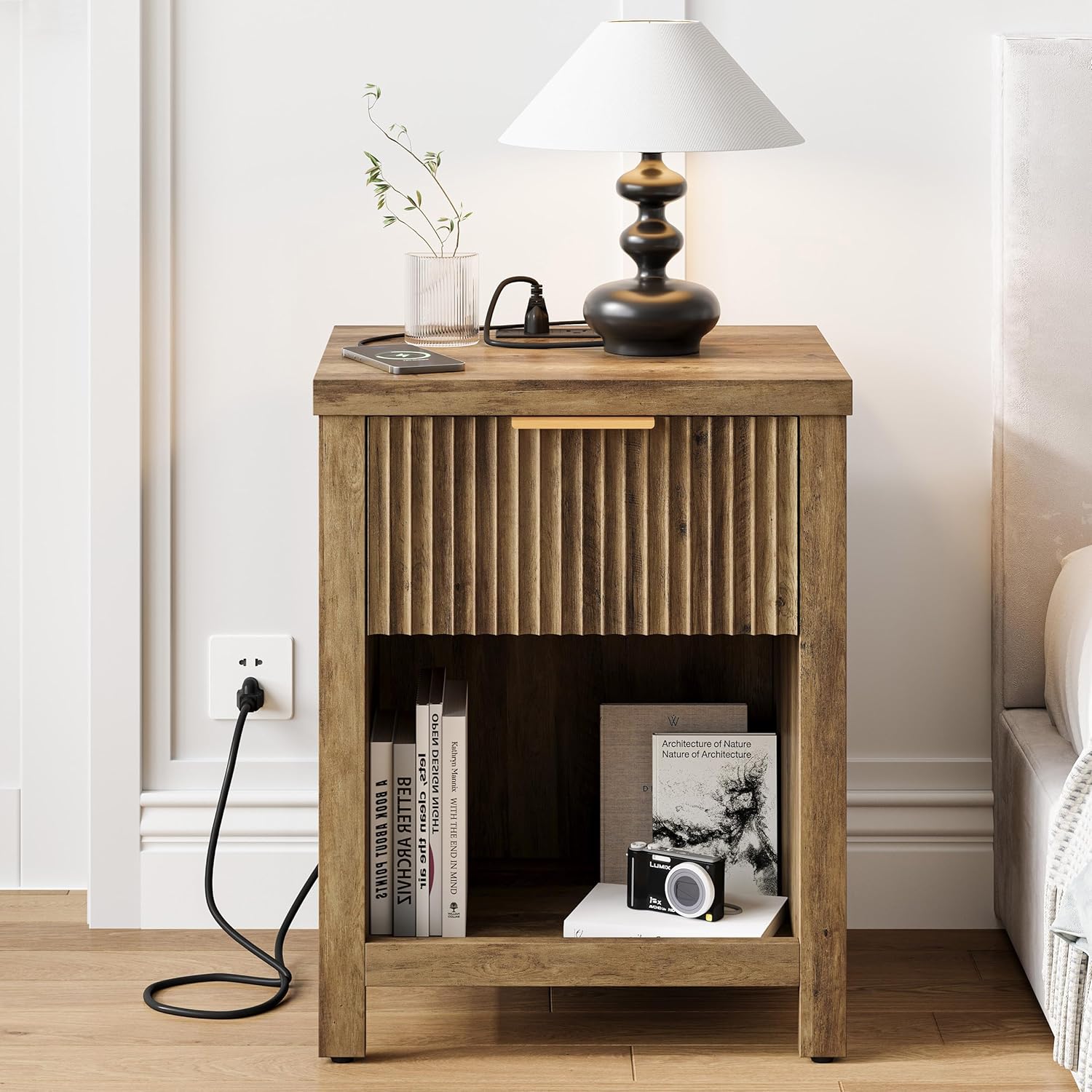 Fluted Nightstands with Charging Station Set of 2, Brooklyn Night Stand with Drawers, Modern Beside Table with Storage End Table for Bedroom Living Room (2, Brown with Charging Station) BNS101DRE-2