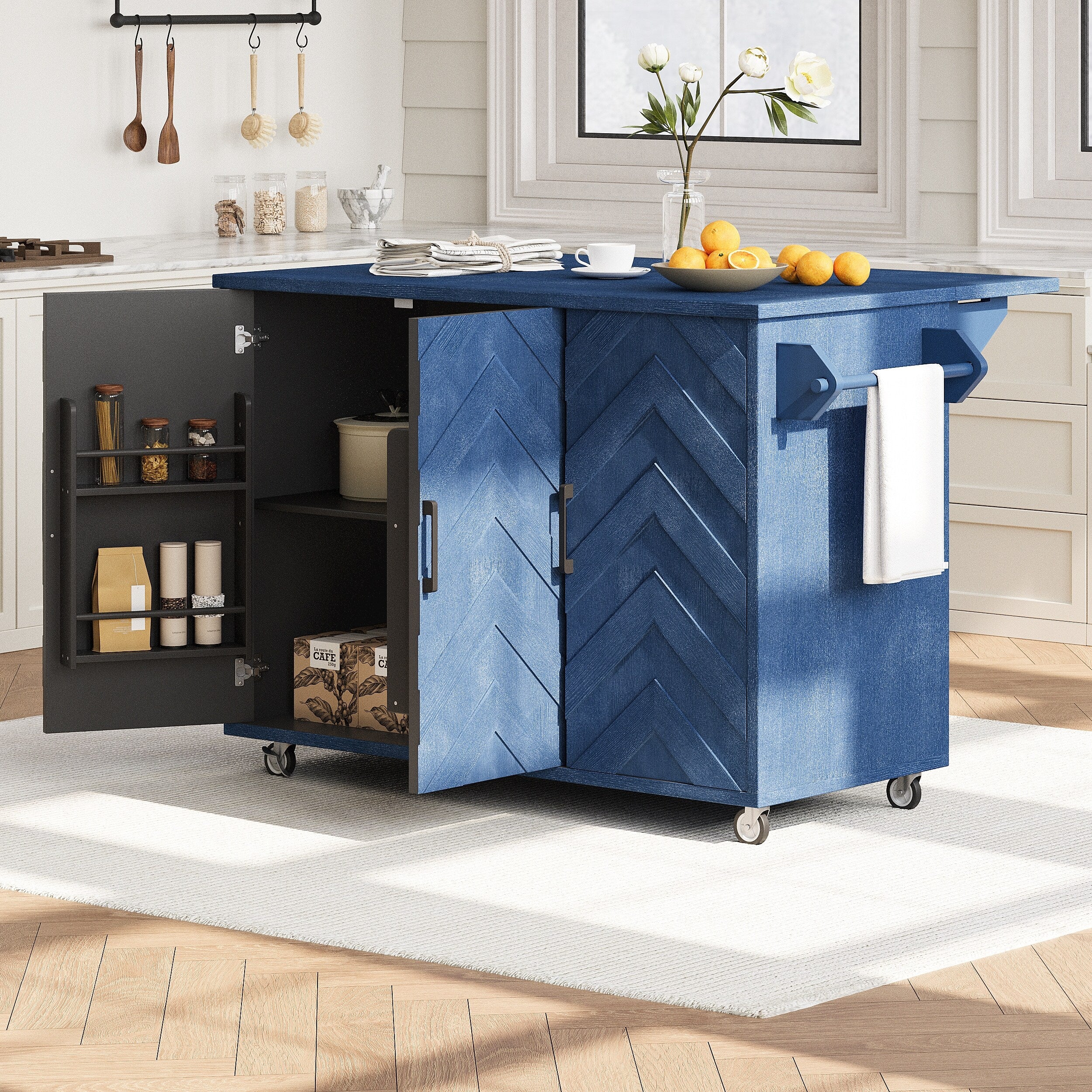51.2W 3D Wave Stripes Kitchen Island with Storage, Drop Leaf, Farmhouse Kitchen Island on Wheels Rolling Kitchen Cart