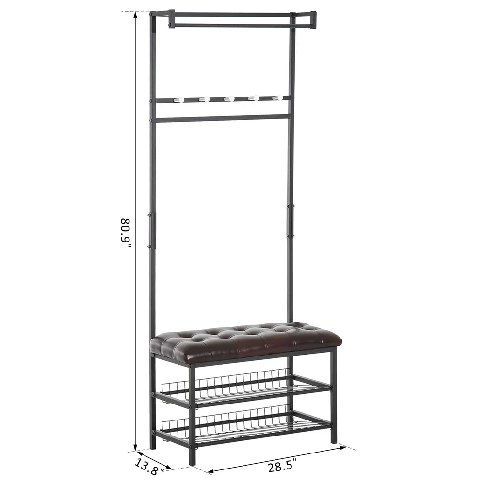 HomCom 81 Tall Adjustable Two-Tier Faux Leather Ottoman Bench Shoe Shelf Coat Rack - Dark Brown