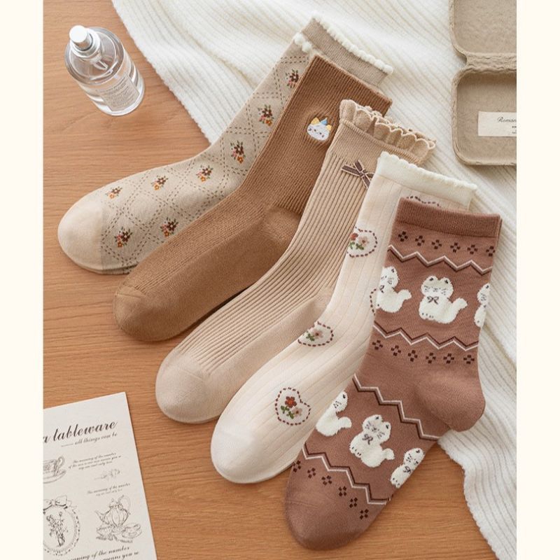 PEACH ACCESSORIES Cats & Flowers 5 Pairs Socks Set