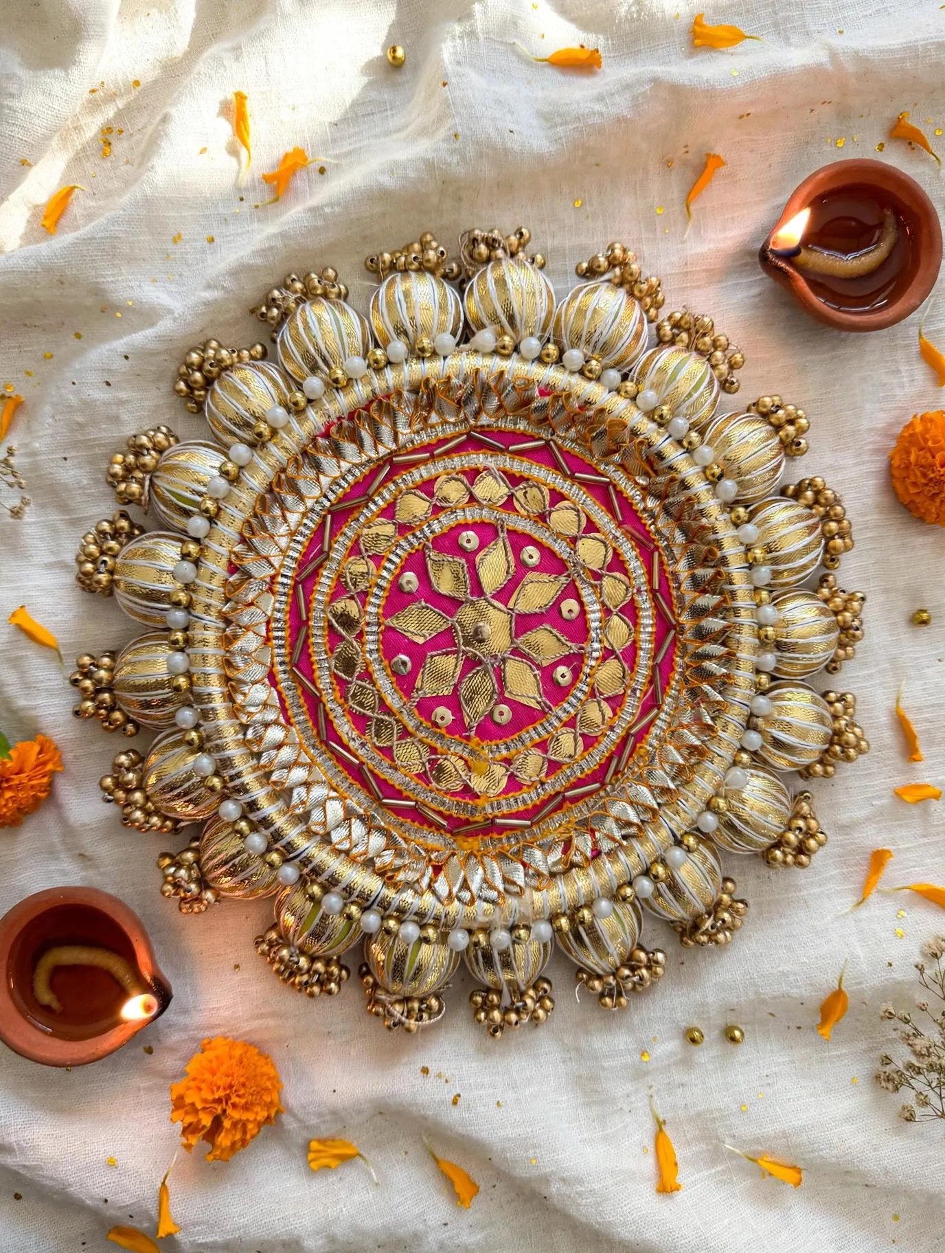 Handcrafted Gota Patti Decorative Platter | Indian Festive Tray, Diwali, Wedding, Pooja Thali - PAIR