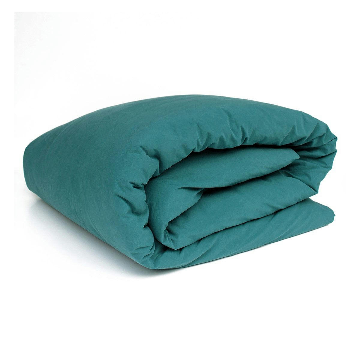 NINON - Drap housse en percale lavée bleu paon 2 places 140x200 cm