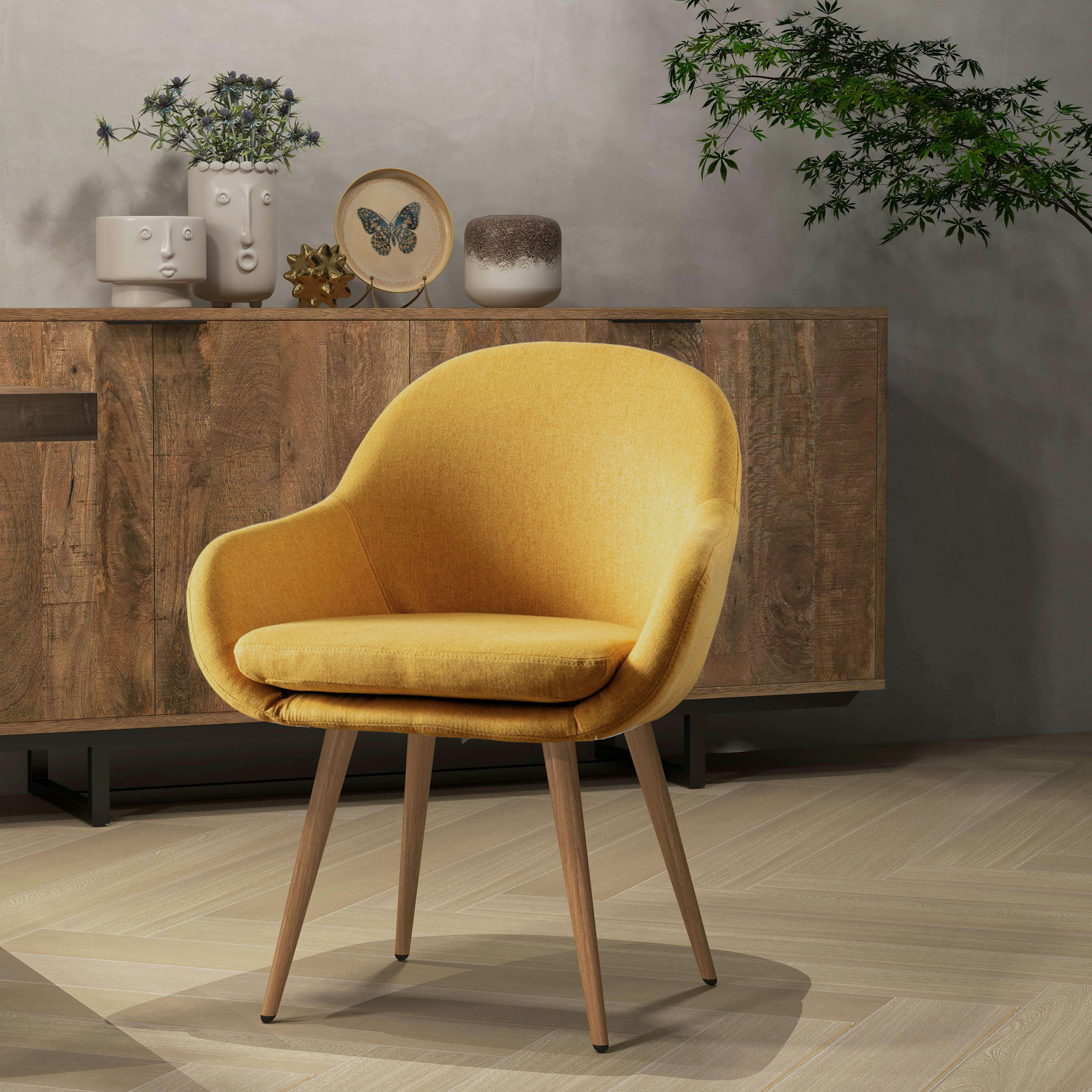 CANCUN - Chaise scandinave tissu curry pieds métal effet bois (x2)