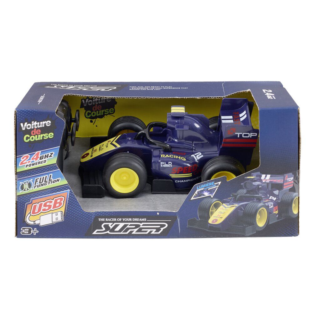 Voiture F1 télécommandée lumineuse bleu 17,5x10,5xH10cm