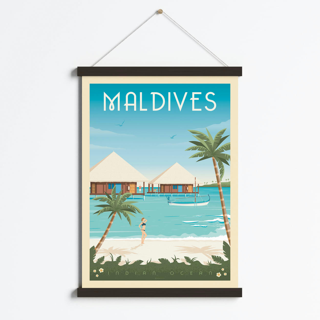 - Affiche Maldives Asie + Cadre Magnétique (Bois Noir) 50x70 cm
