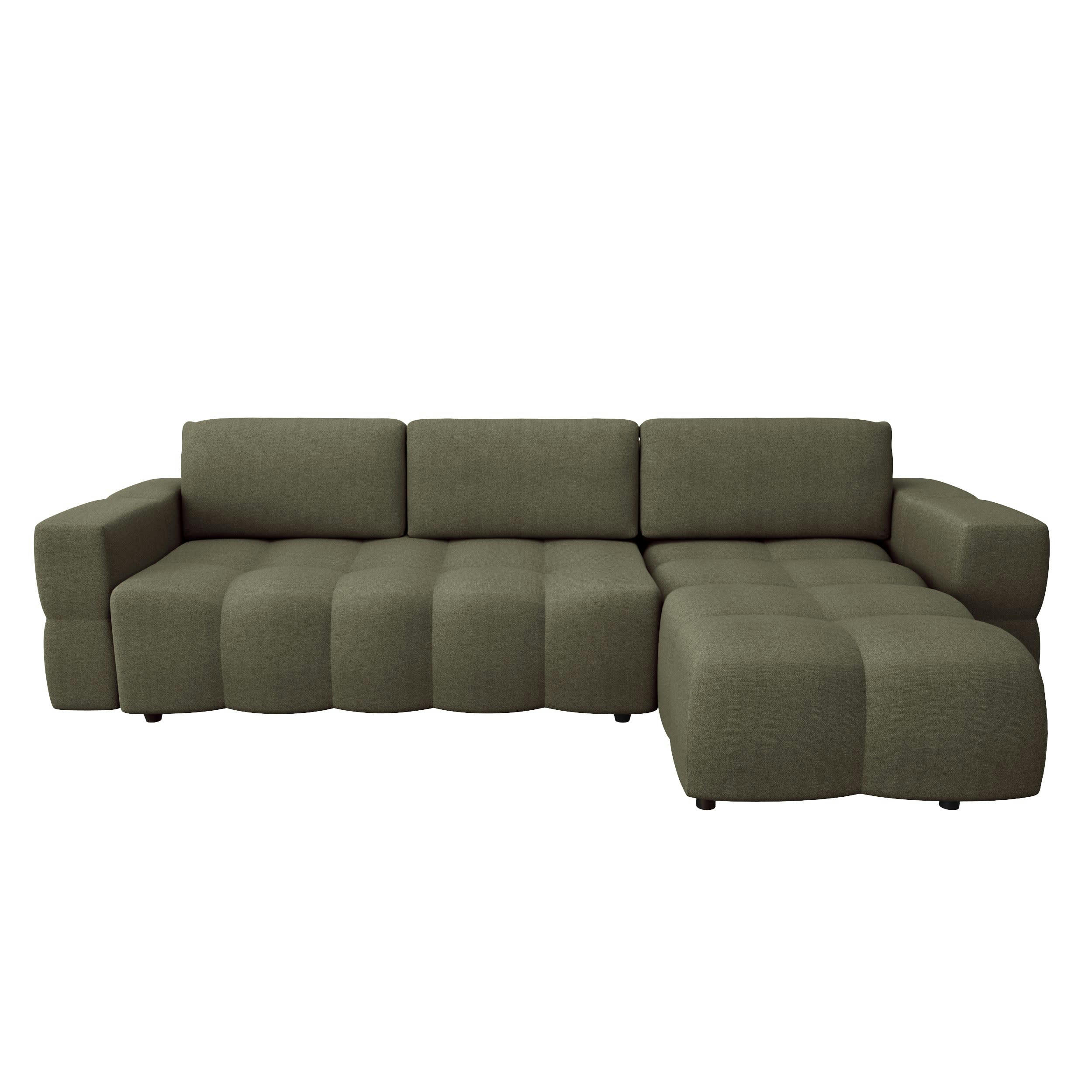 GABRIEL - Canapé d'angle droit convertible coffre tissu tramé vert 260x180cm