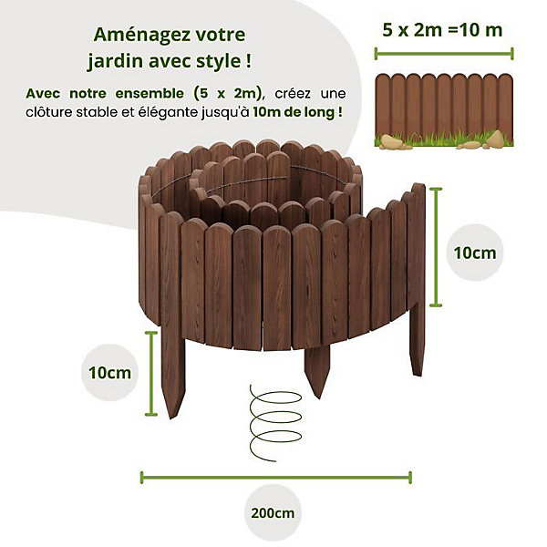 Clôture en bois flexible - Floranica - 10 m - Marron - 5 pièces - Modulable et esthétique