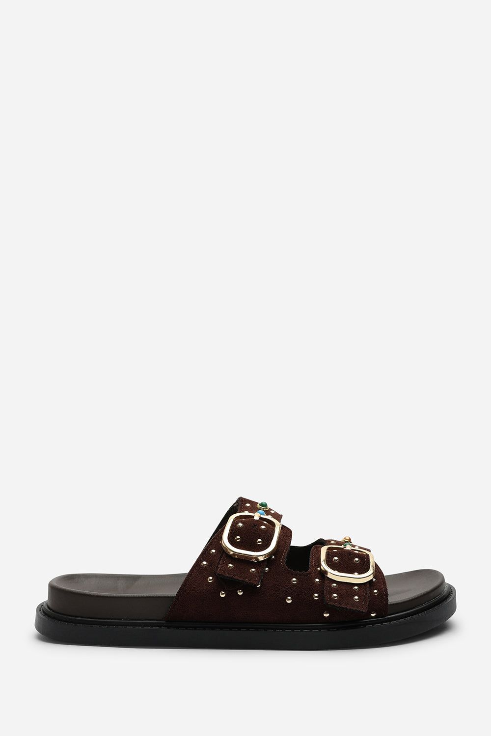 Where's That From Ceylon Diamante Stud Double Buckle Dark Brown Suede Slide On Sandal