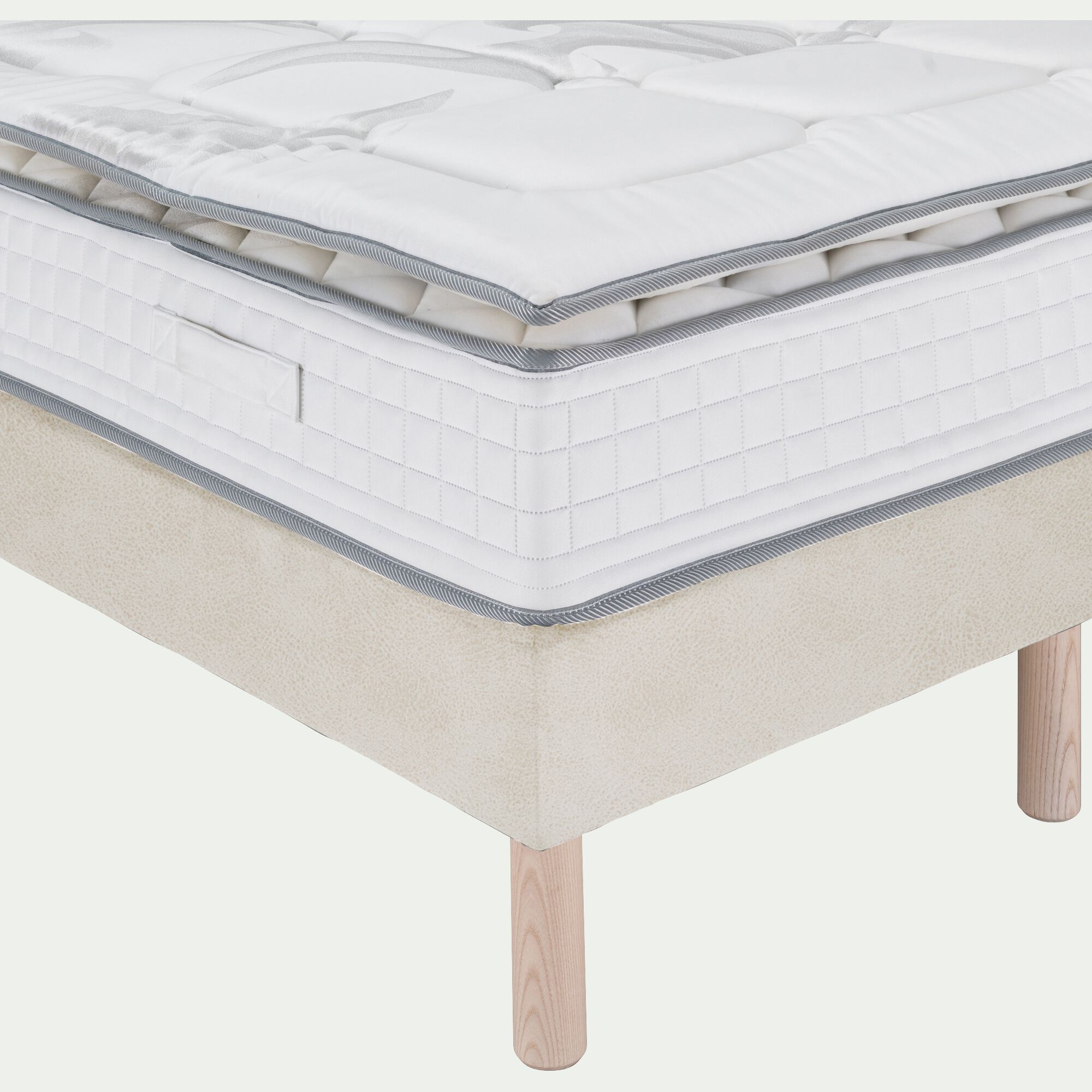 SEILLANS - Ensemble matelas et sommier avec tête de lit en tissu aspect cuir souple - beige 200x200cm