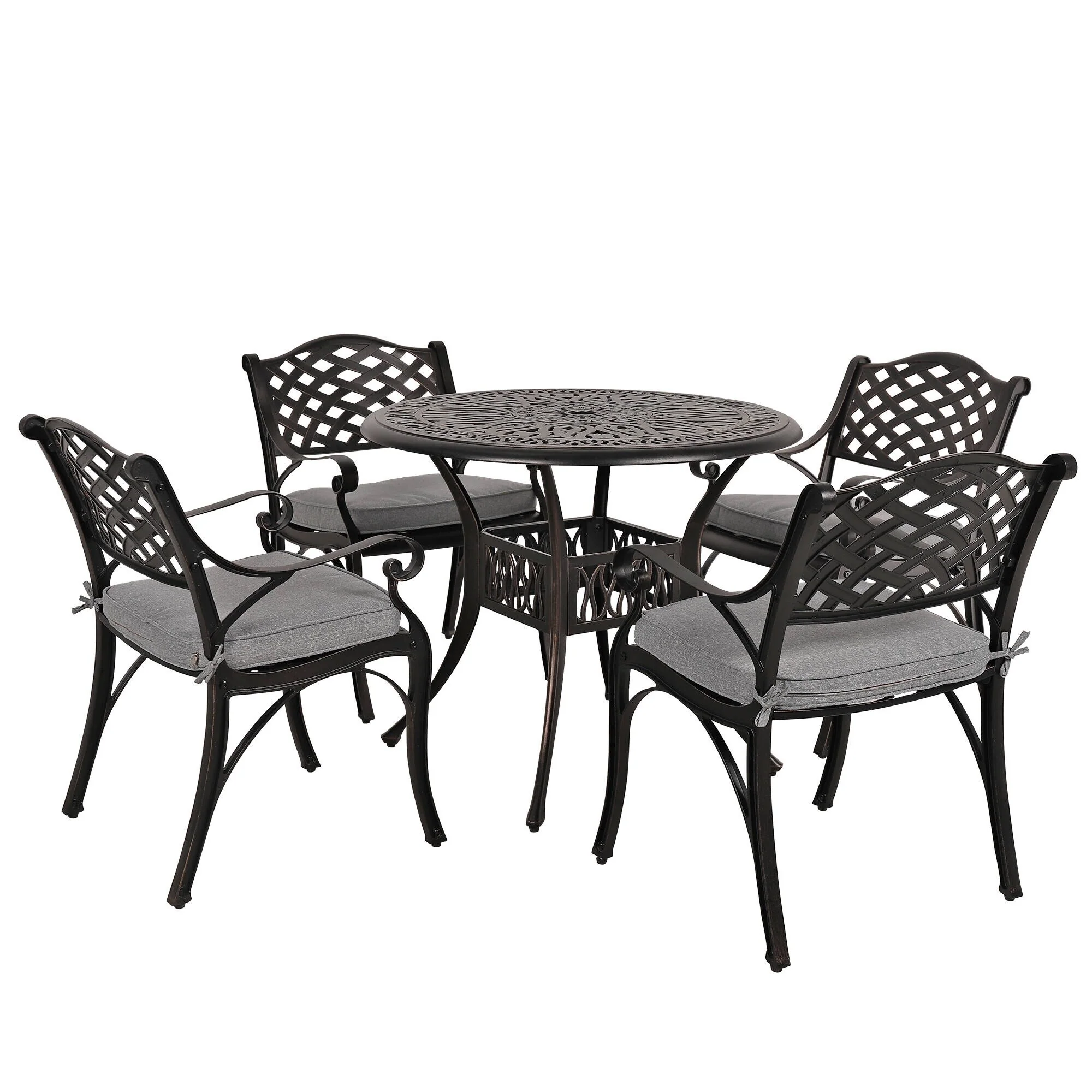 Outdoor 5-Piece Cast Aluminum Dining Set with 2″ Umbrella hole & Cushions