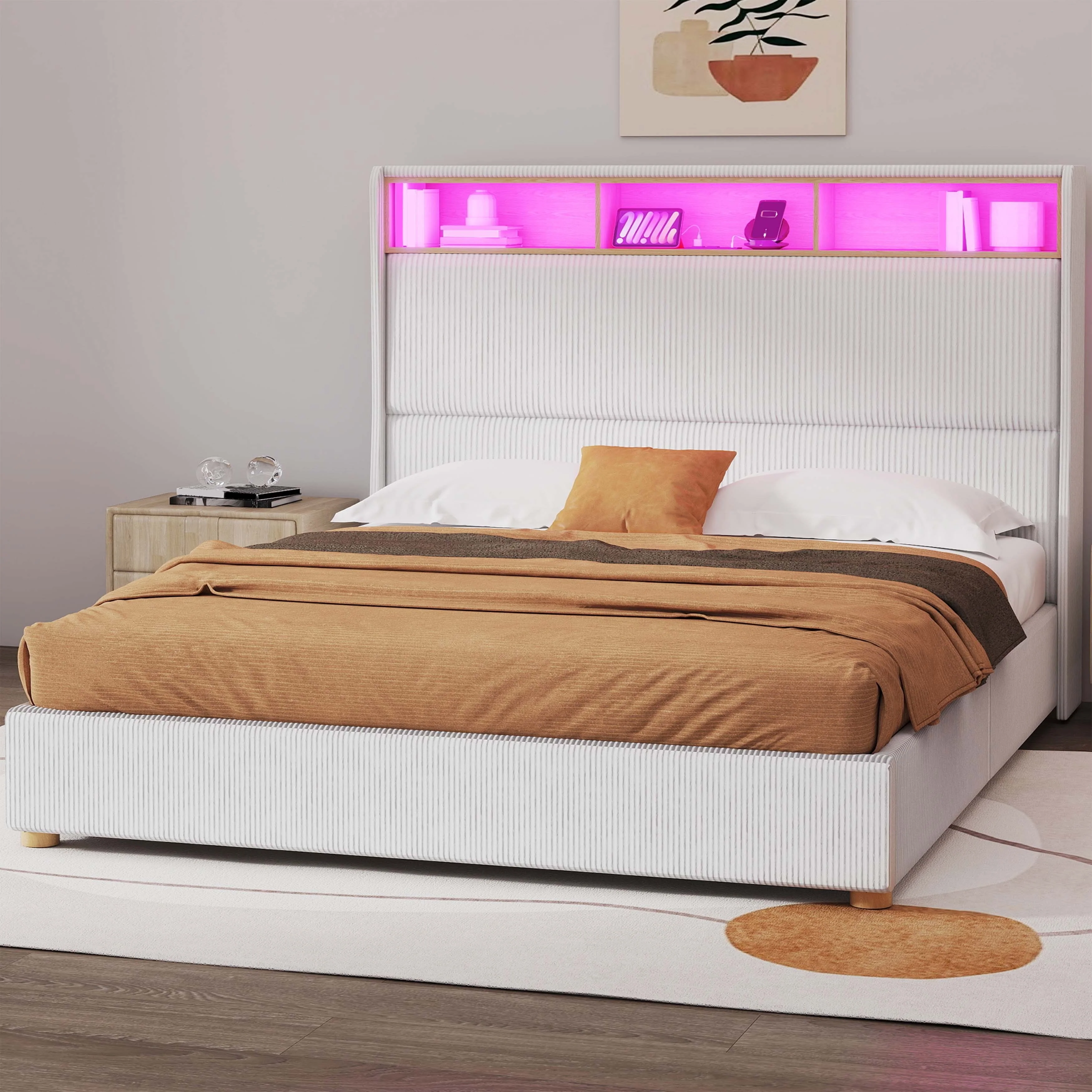 Moasis Corduroy Upholstered Platform Bed Frame with Charging Station and RGB LED Lights
