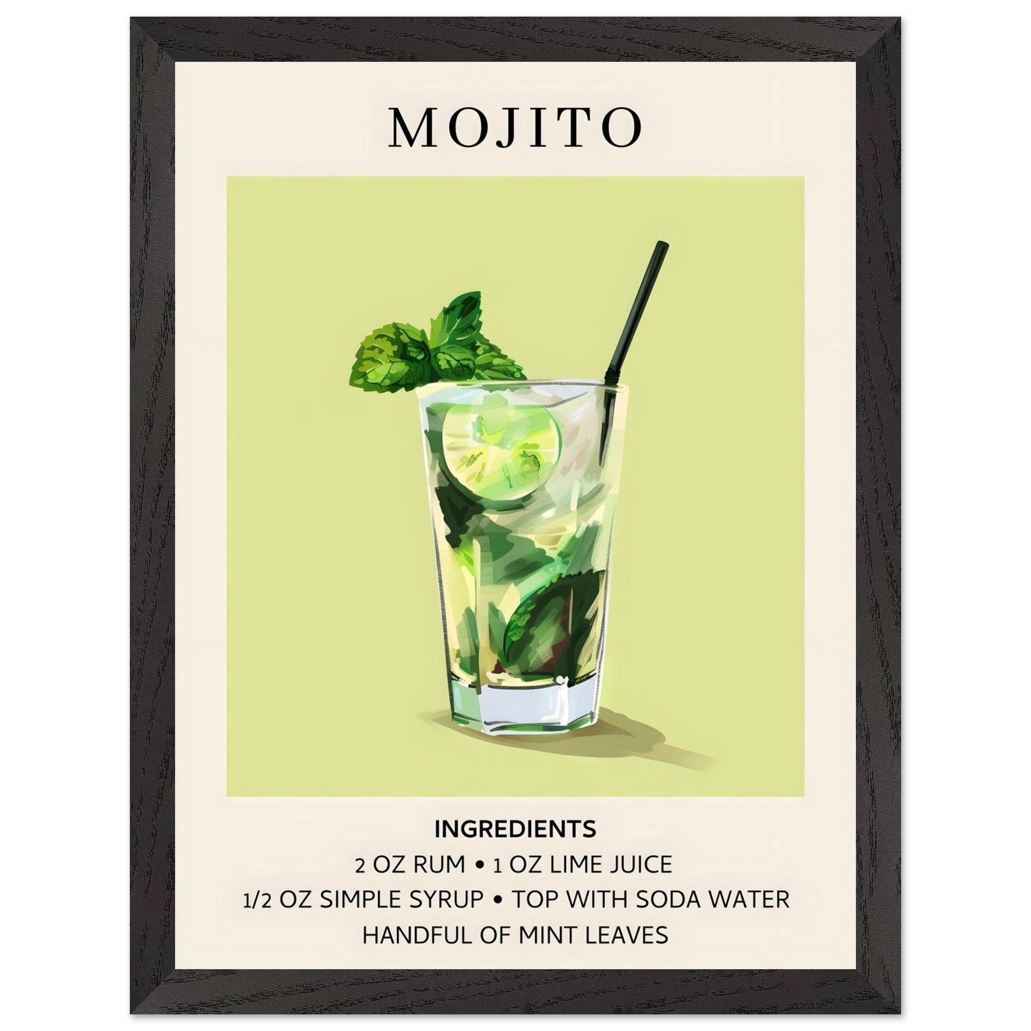 Artfulprints Poster met Lijst Mojito cocktail - Ingrediënten  - 30x40 cm - Groen