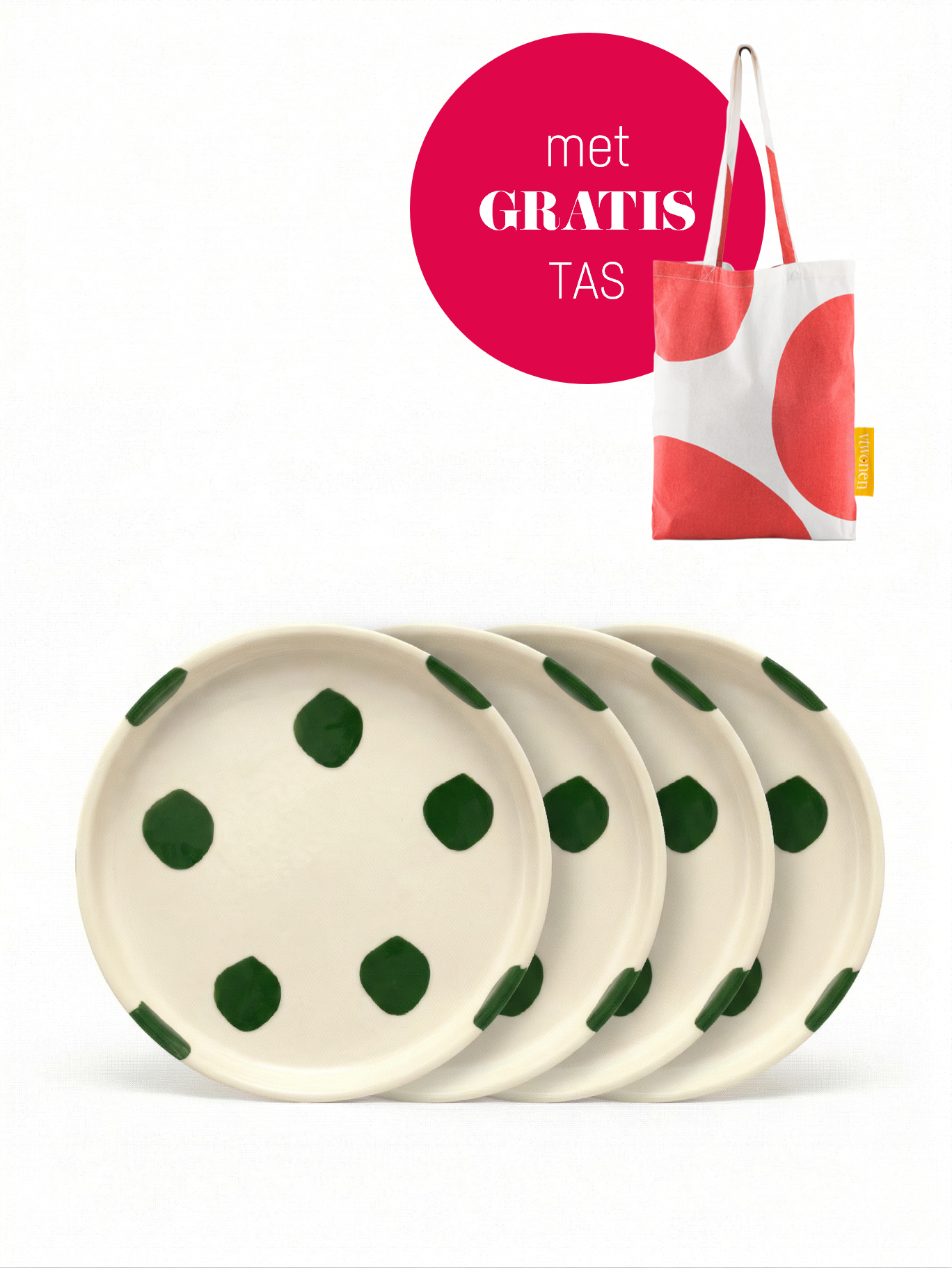 vtwonen - Gebaksbord - Stippen - Groen - Keramiek - 13cm - Set van 4
