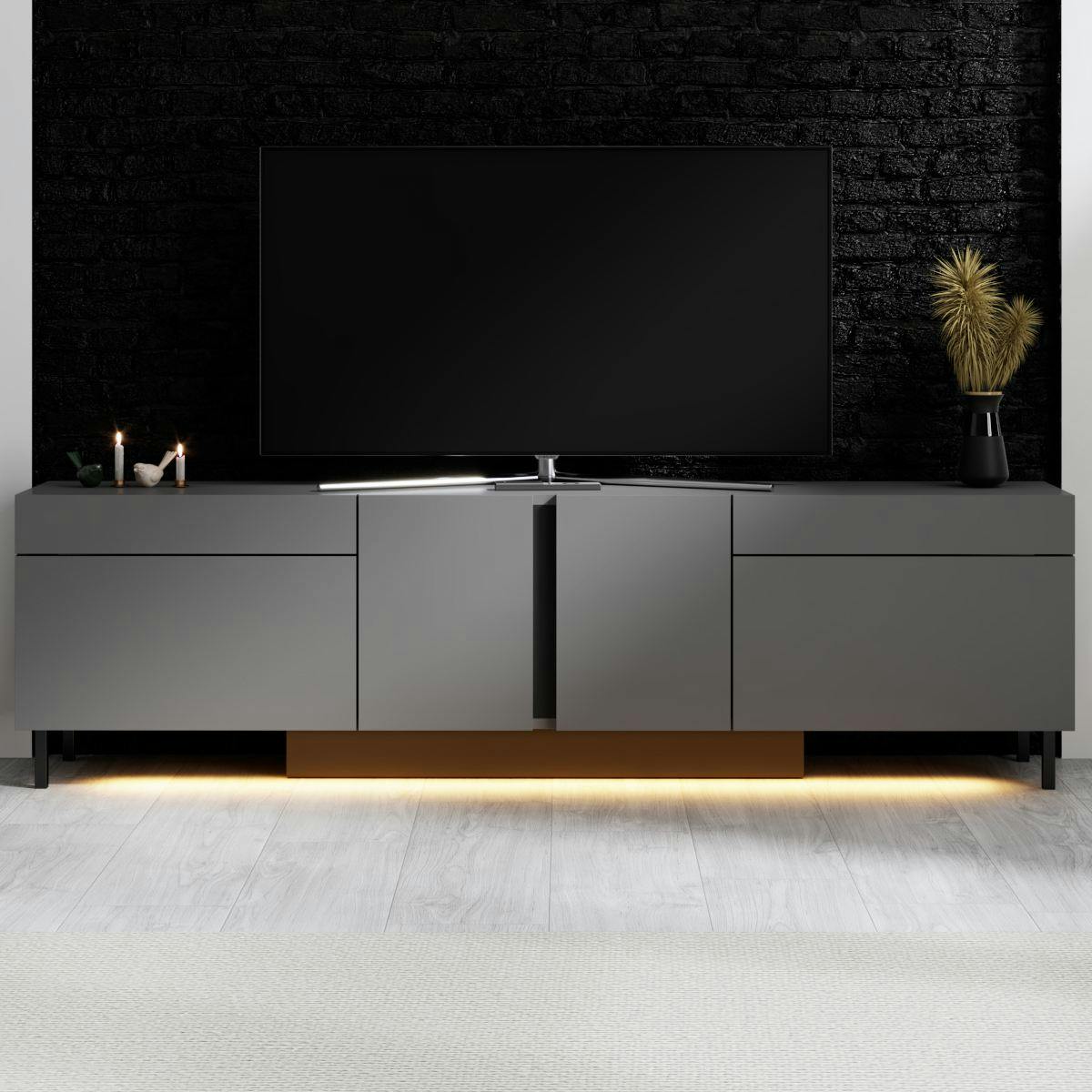 Meuble TV 4 portes gris foncé LED à télécommande AURA