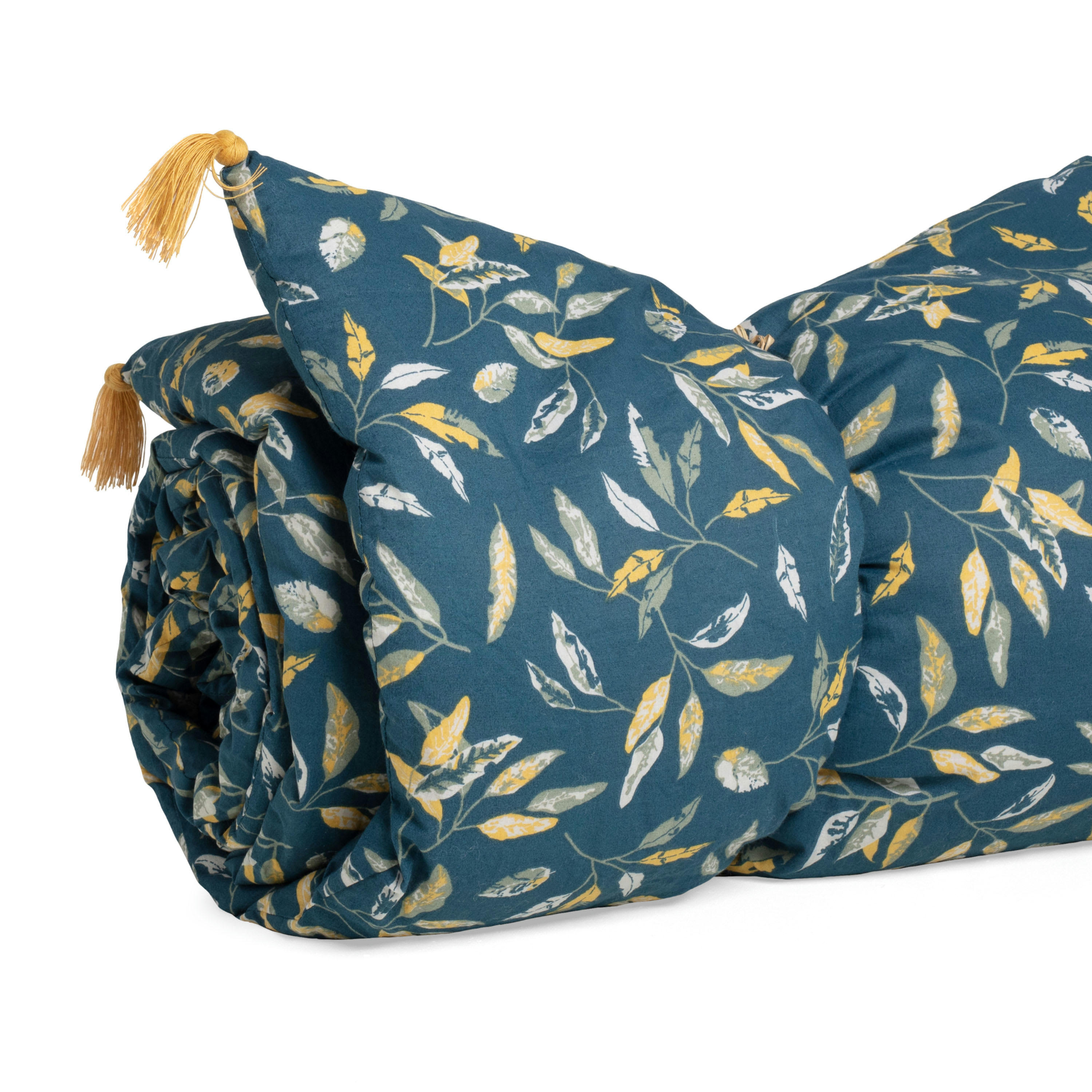 OMBRE VÉGÉTALE - Édredon imprimé en coton 100x190cm Indigo, Curry