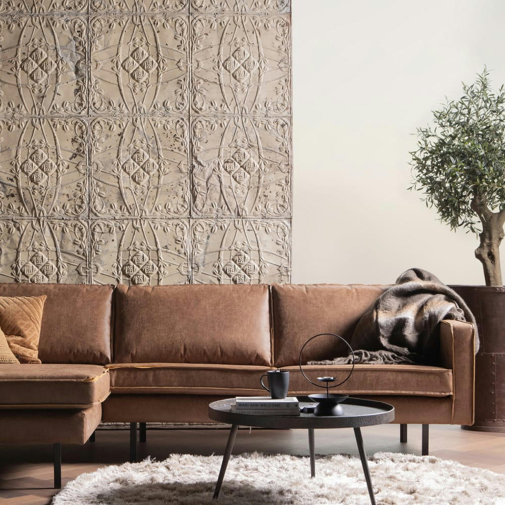 BRONCO - Canapé d'angle gauche vintage méridienne XXL cognac 3 places