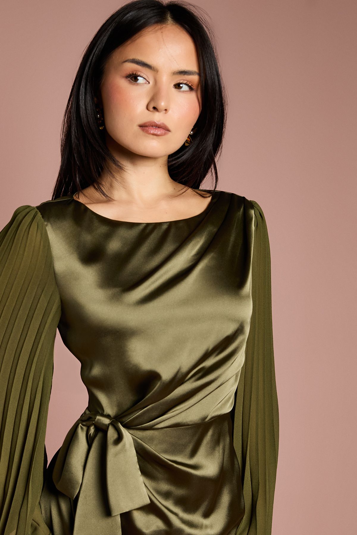 Coast Petite Satin Pleated Flare Sleeve Wrap Mini Dress