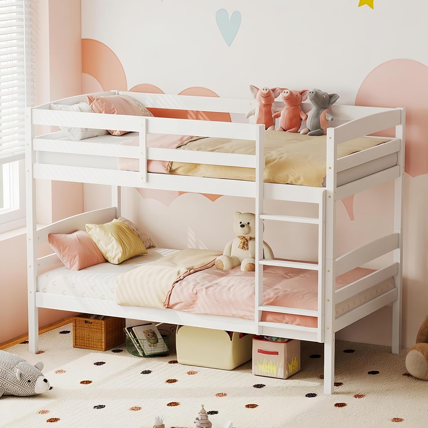 KOMFOTT Bunk Bed Twin Over Twin, Bunk Bed Frame w/Full-Length Guardrail & Integrated Ladder, Wood Bunk Bed for Small Space, Converts to 2 Individual Beds for Kids & Adults, No Box Spring Needed