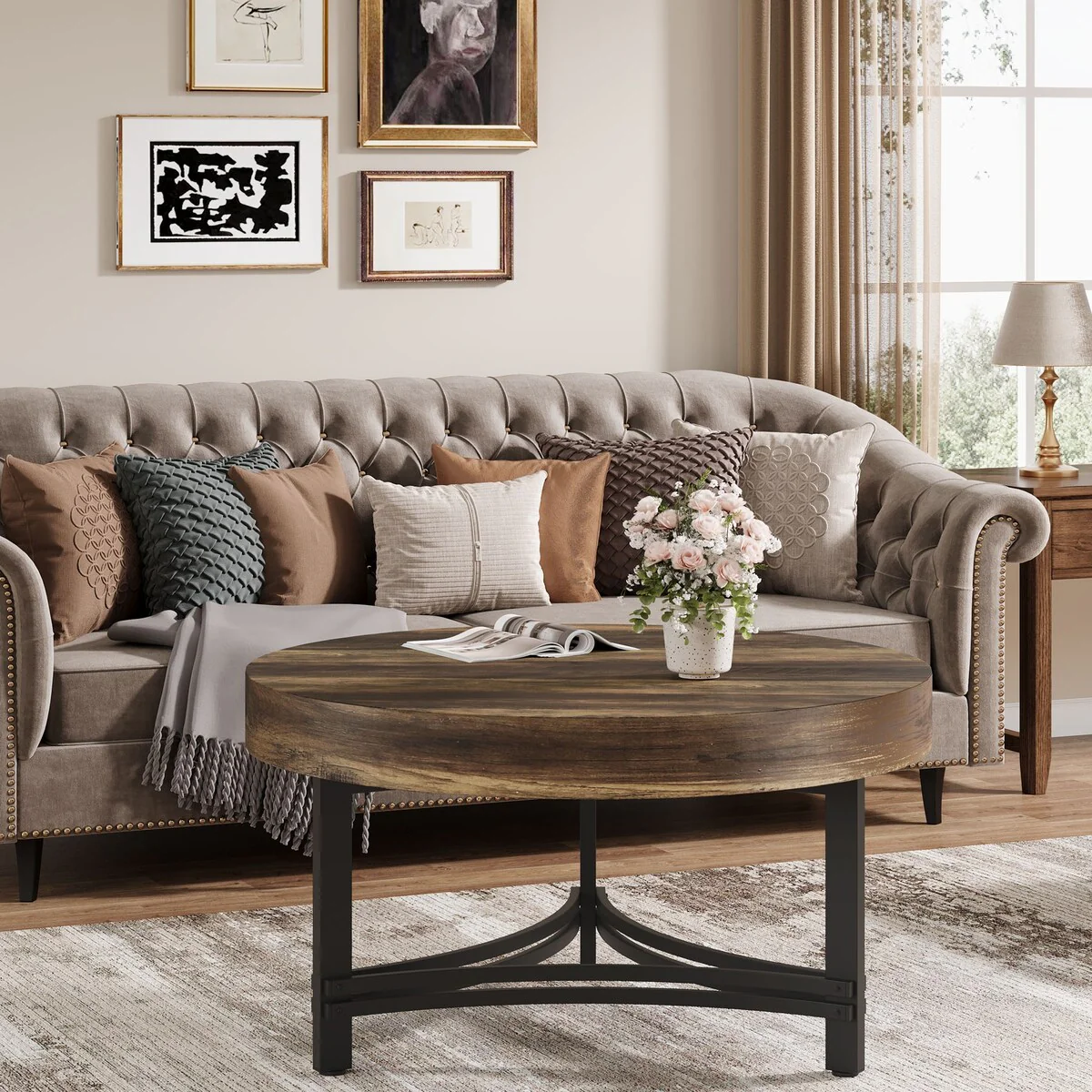 31.5-Inch Round Coffee Table, Circle Wood Coffee Table