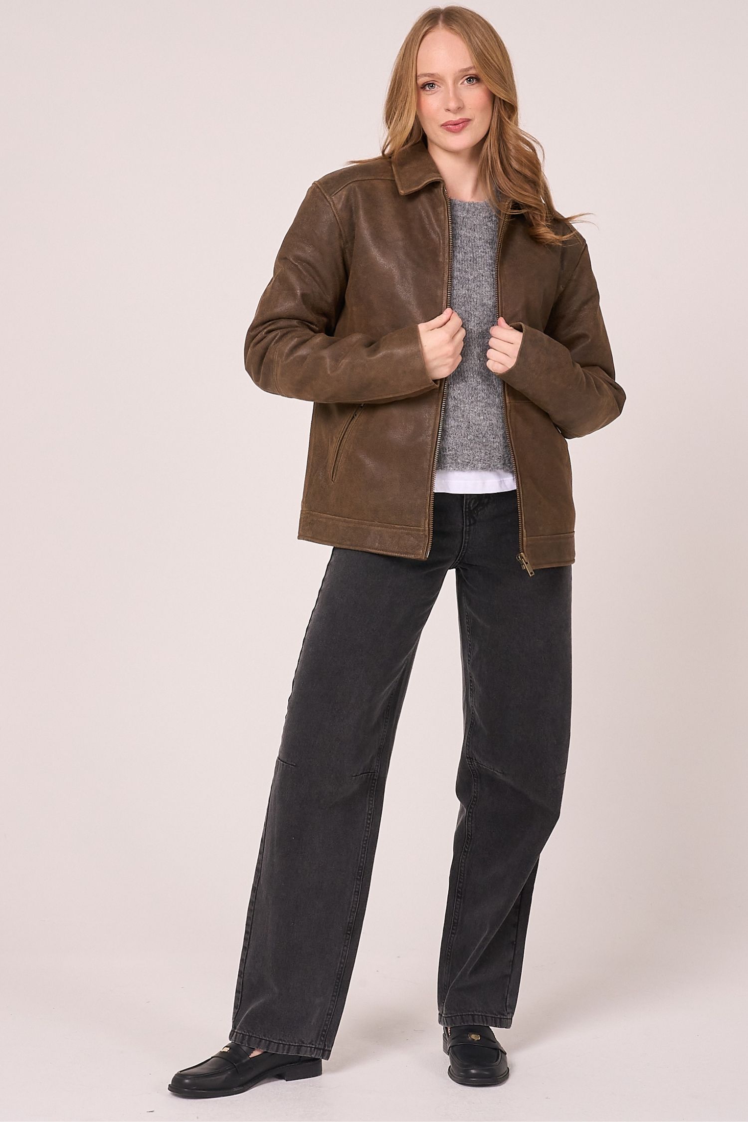Barneys Originals Oversized Aged Real Leather Harrington